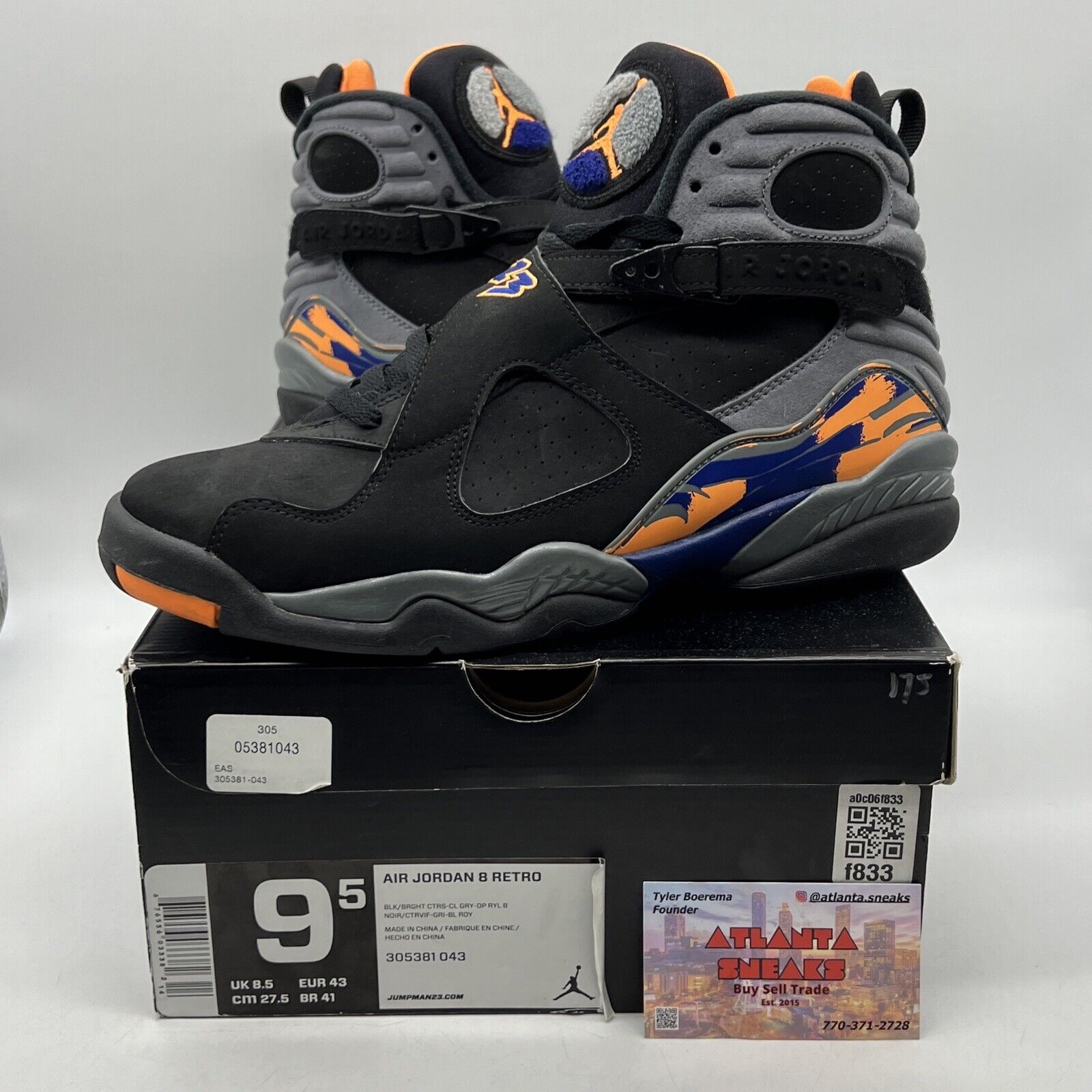 Size 9.5 - Air Jordan 8 Retro Phoenix Suns Black Grey Orange Purple (305381-043)