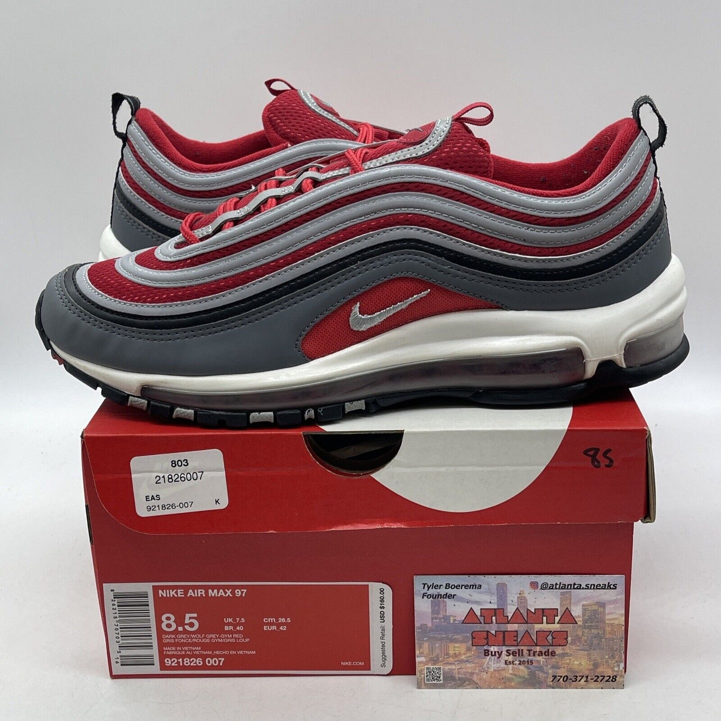 Size 8.5 - Nike Air Max 97 Gym Red Black Grey White Leather Suede (921826-007)