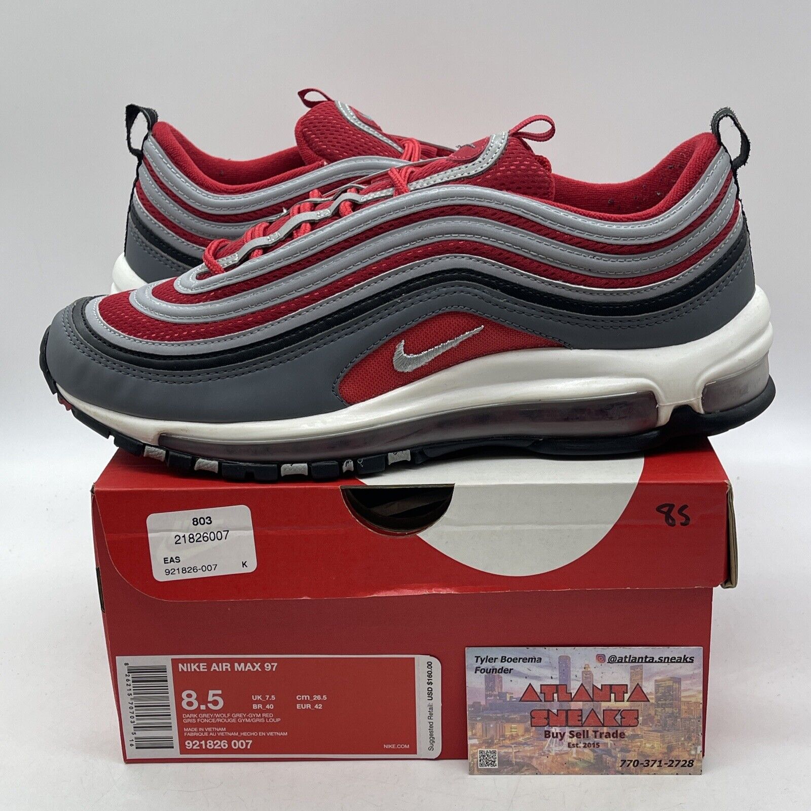 Size 8.5 - Nike Air Max 97 Gym Red Black Grey White Leather Suede (921826-007)