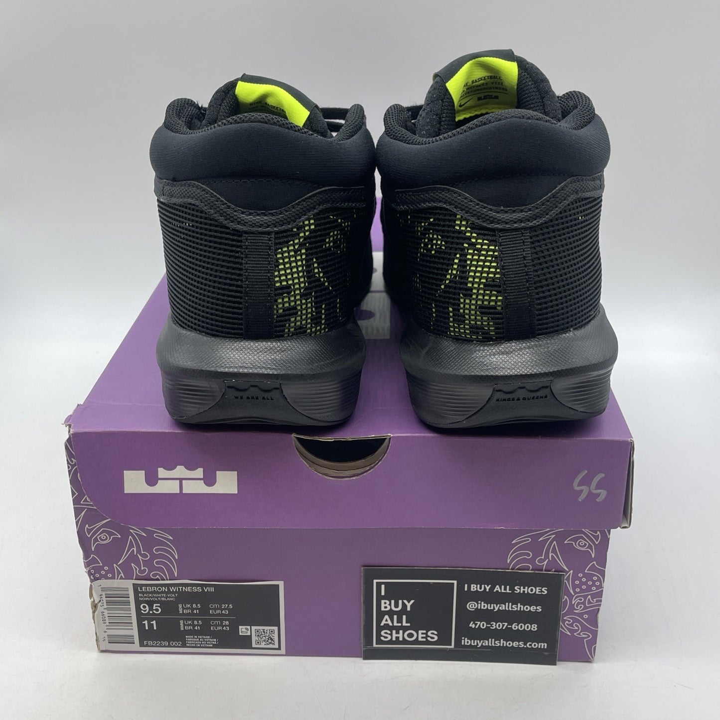 Size 9.5 - Nike LeBron Witness 8 Black Volt Suede Leather (FB2239-002)