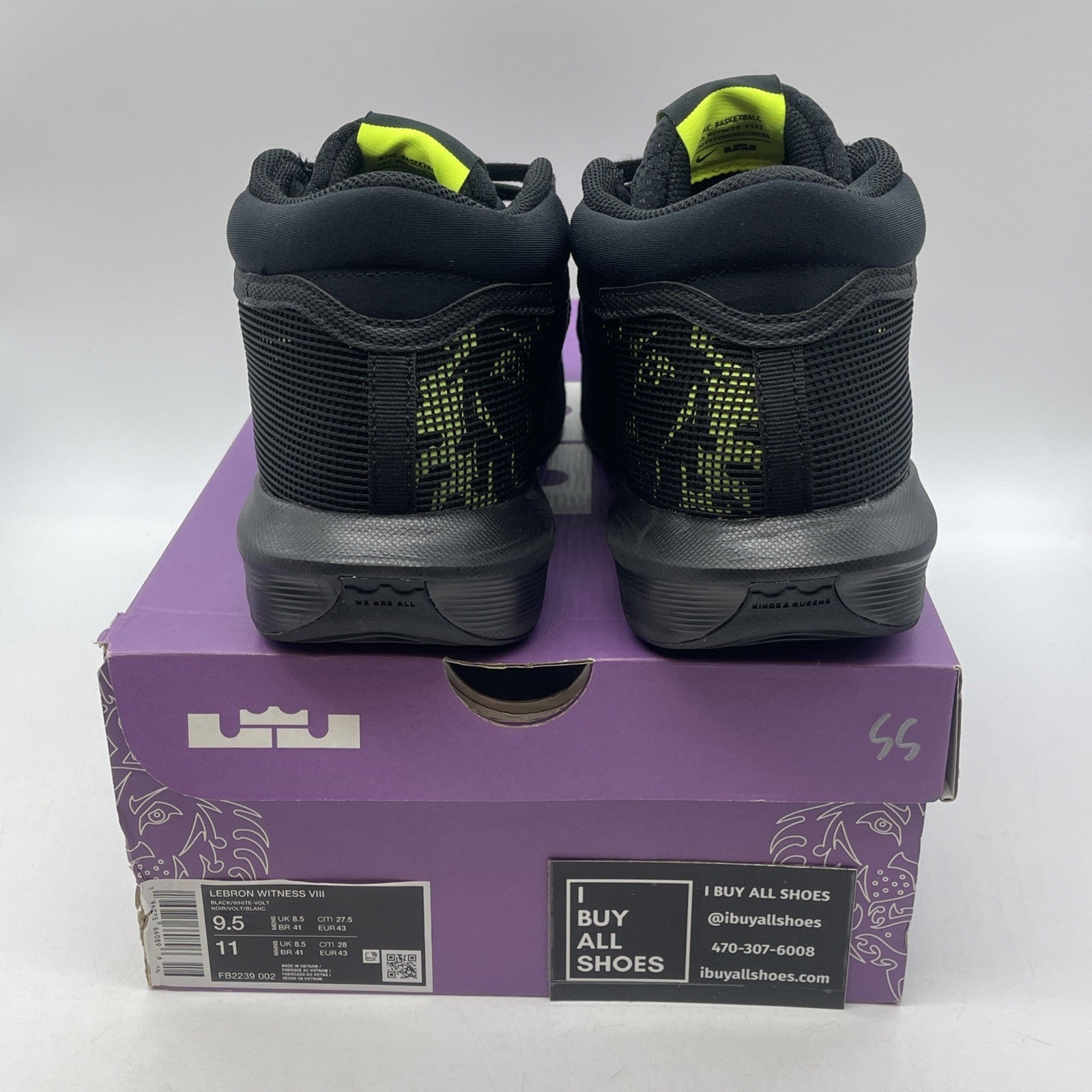 Size 9.5 - Nike LeBron Witness 8 Black Volt Suede Leather (FB2239-002)