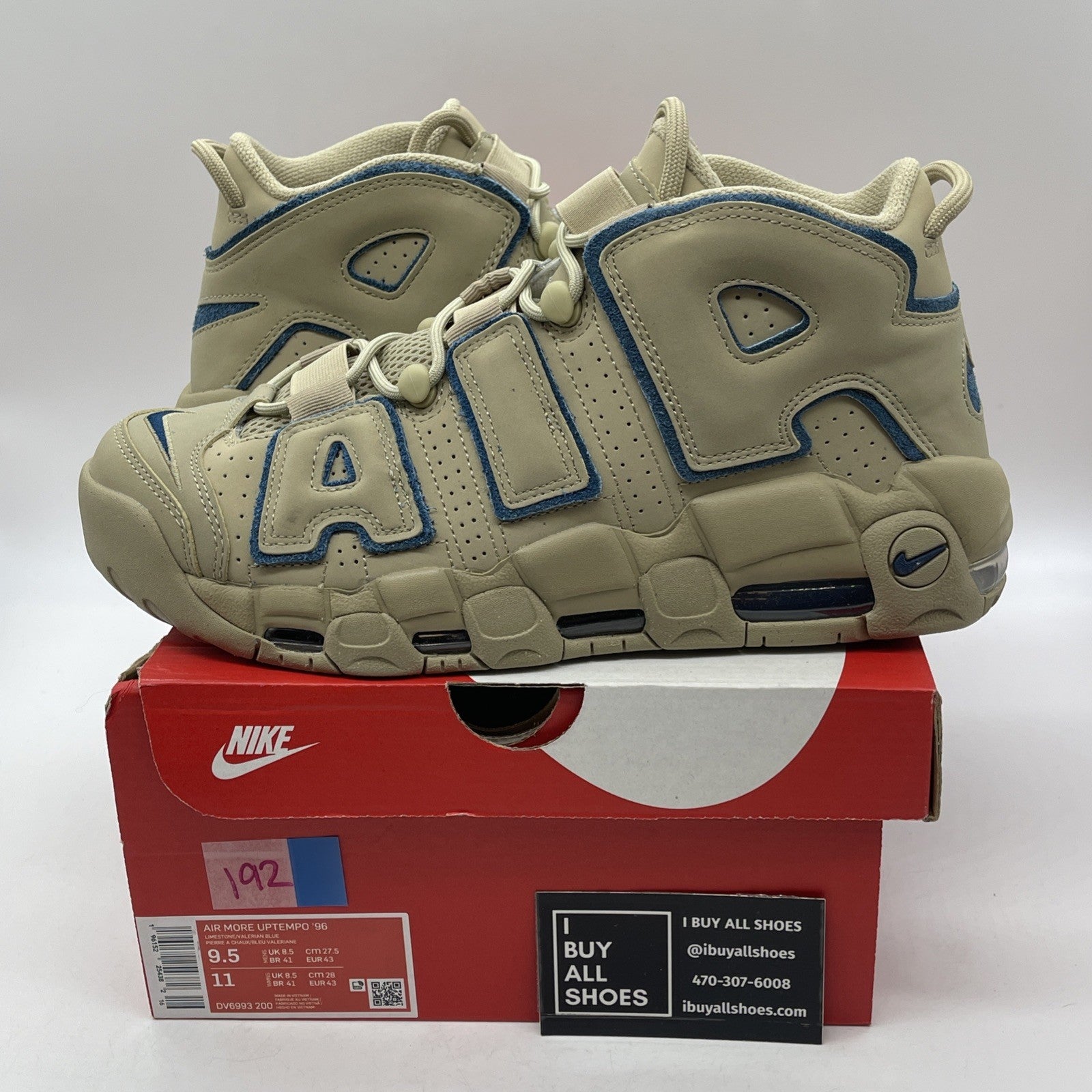 Size 9.5 - Nike Air More Uptempo Limestone Brown Blue Suede (DV6993-200)