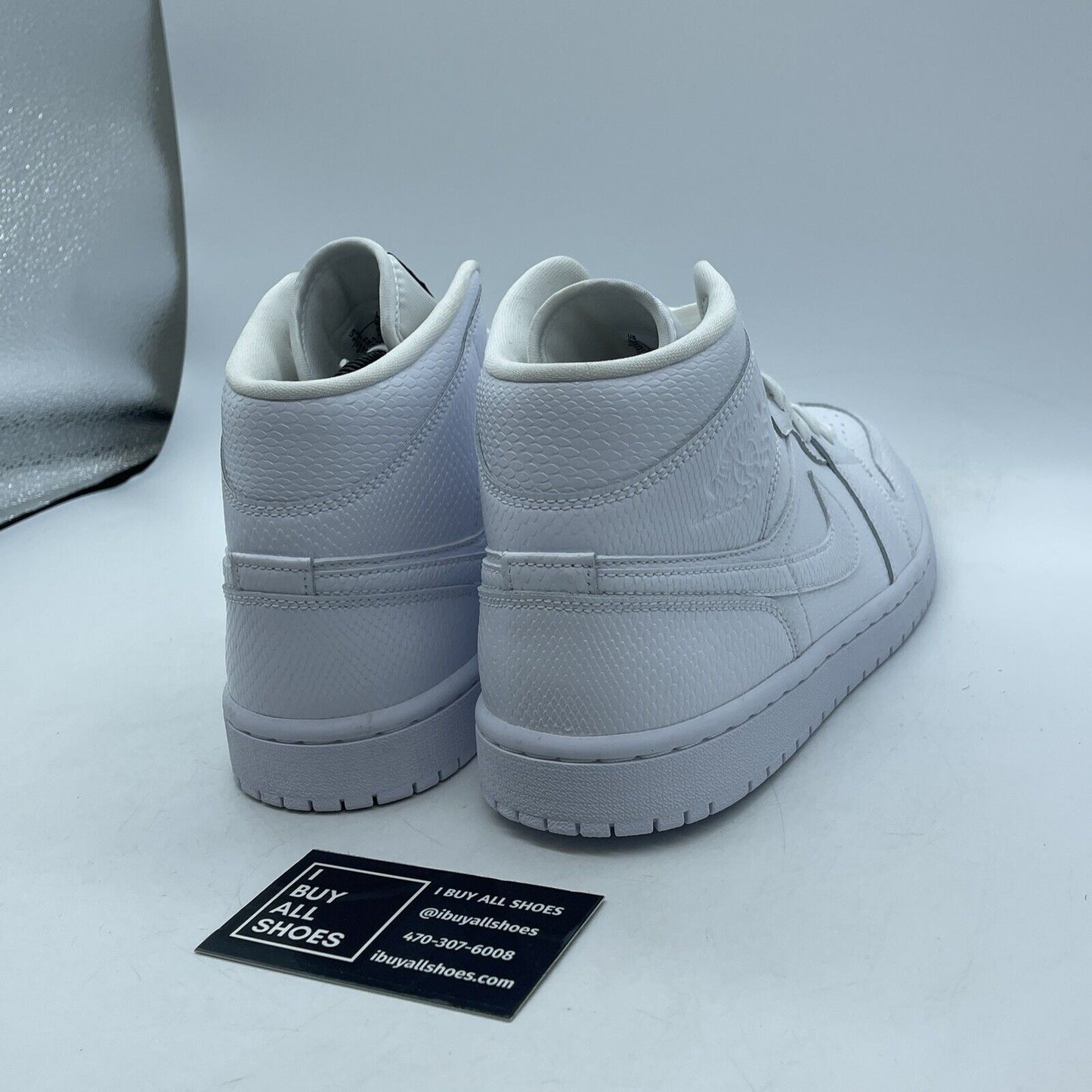 Size 9.5W - Air Jordan 1 Mid White Snakeskin Leather (BQ6472-110)