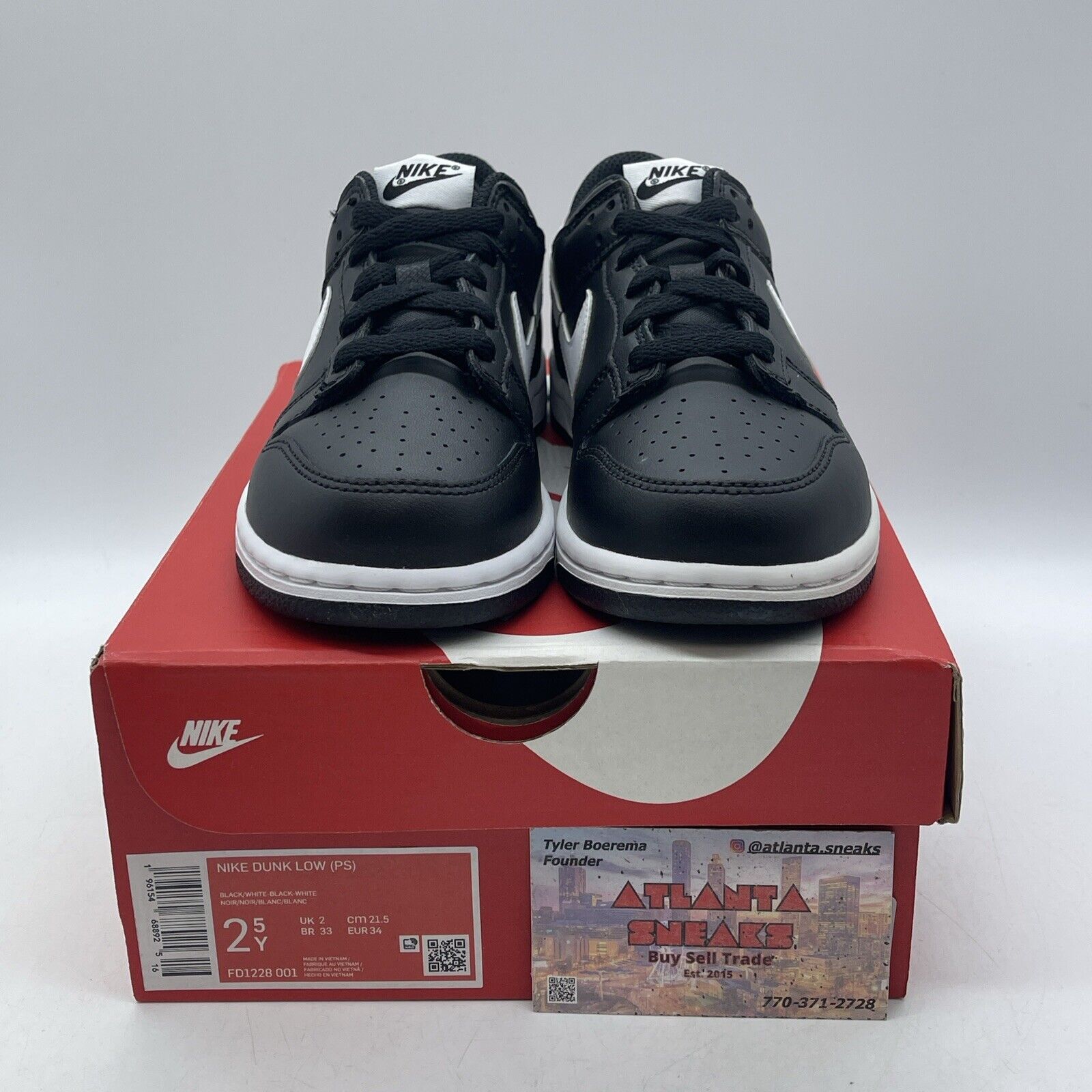 Size 2.5Y - Nike Dunk Low Black Panda 2.0 White Leather (FD1228-001)