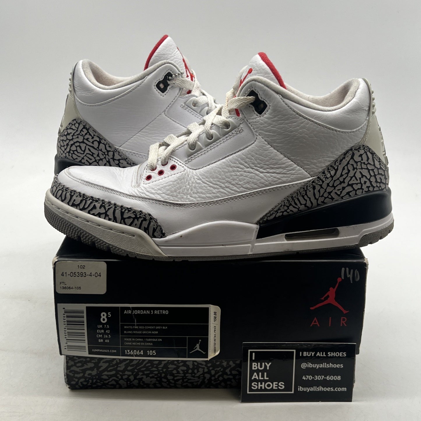 Size 8.5 - Air Jordan 3 Retro White Cement 2011 (136064-105)