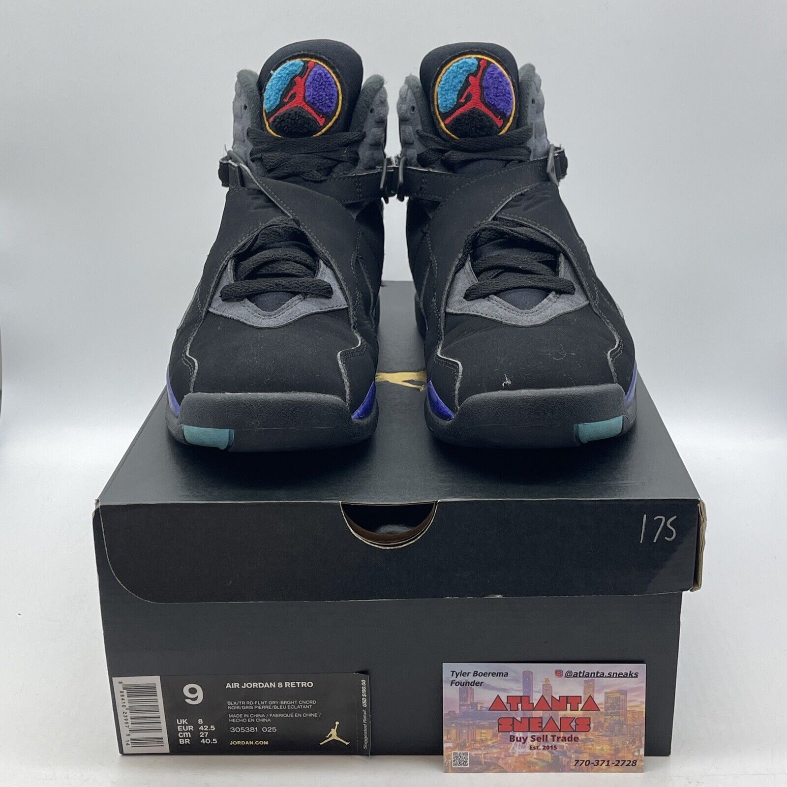 Size 9 - Jordan 8 Retro Aqua 2015 Black Blue Purple Yellow Suede (305381-025)