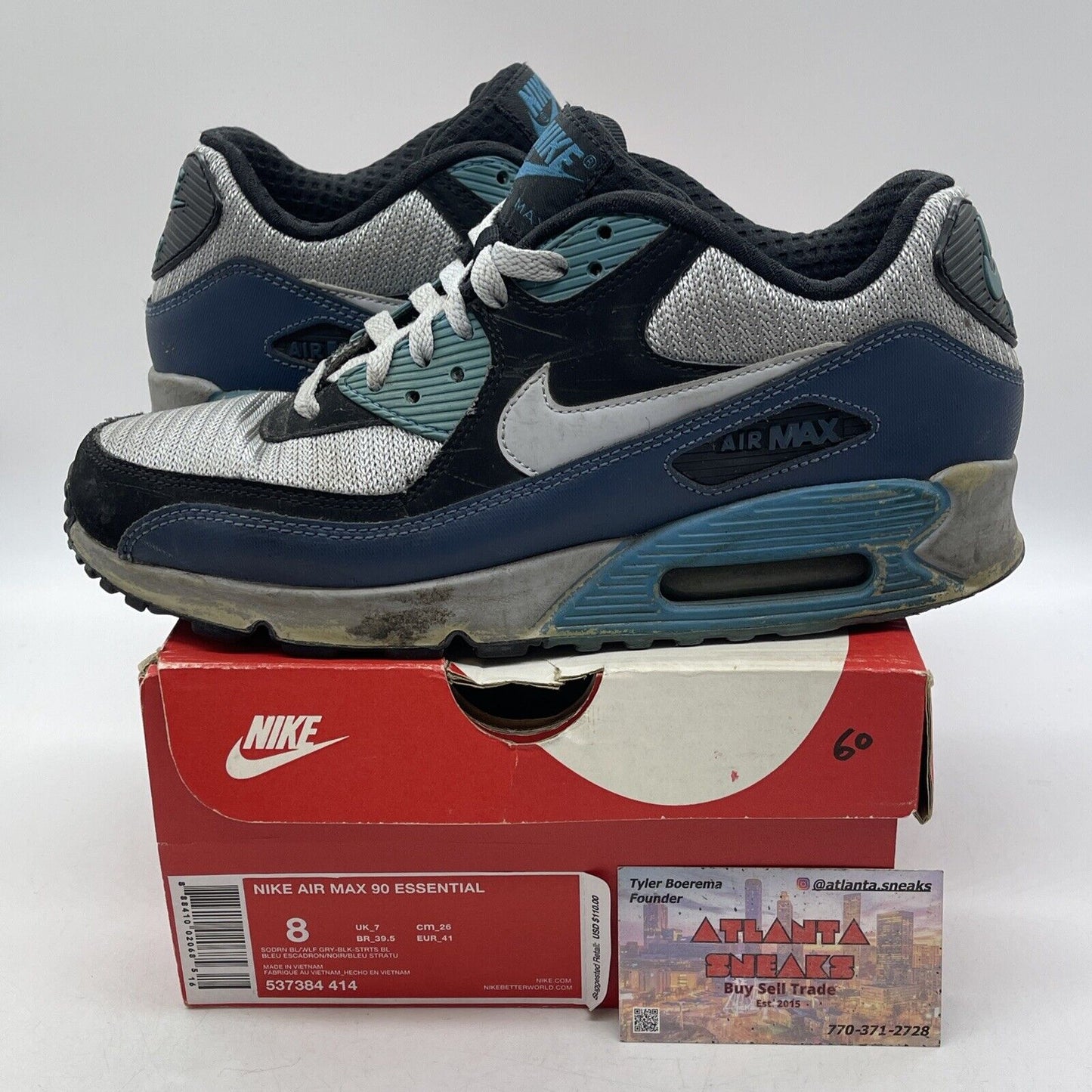 Size 8 - Nike Air Max 90 Essential Blue Grey Black Suede Leather (537384-414)