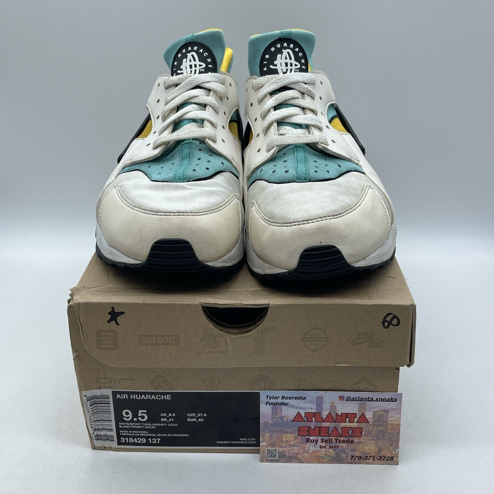 Size 9.5 - Nike Air Huarache White Turquoise Gold Black Suede (318429-137)