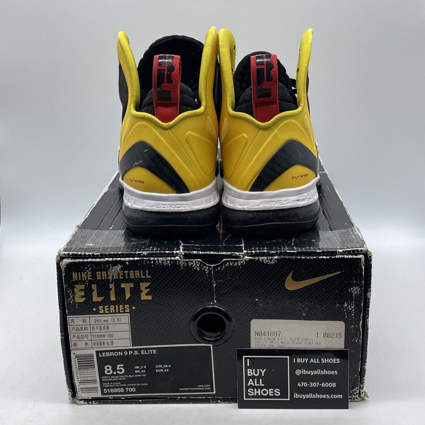 Size 8.5 - Nike LeBron 9 P.S. Elite Taxi Yellow White Red Black (516958-700)