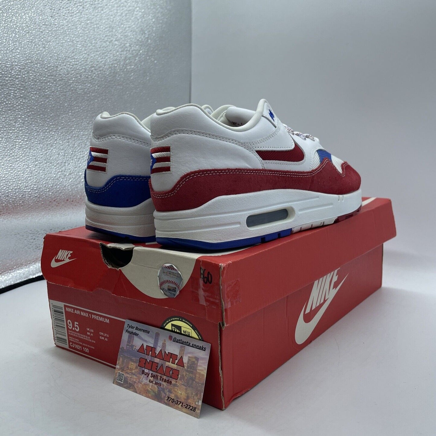 Size 9.5 - Nike Air Max 1 Premium Puerto Rico White Red Blue (CJ1621-100)