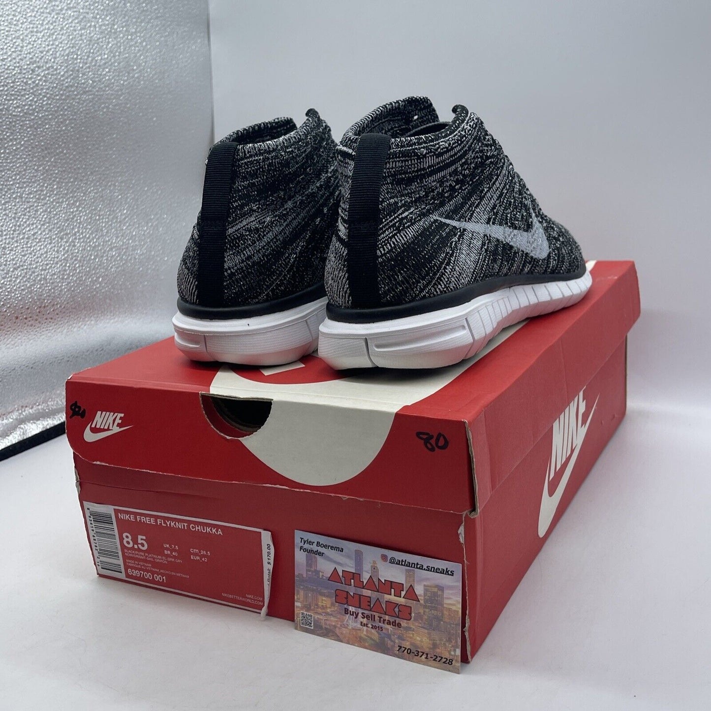 Size 8.5 - Nike Free Flyknit Chukka Black White Suede Lester (639700-001)