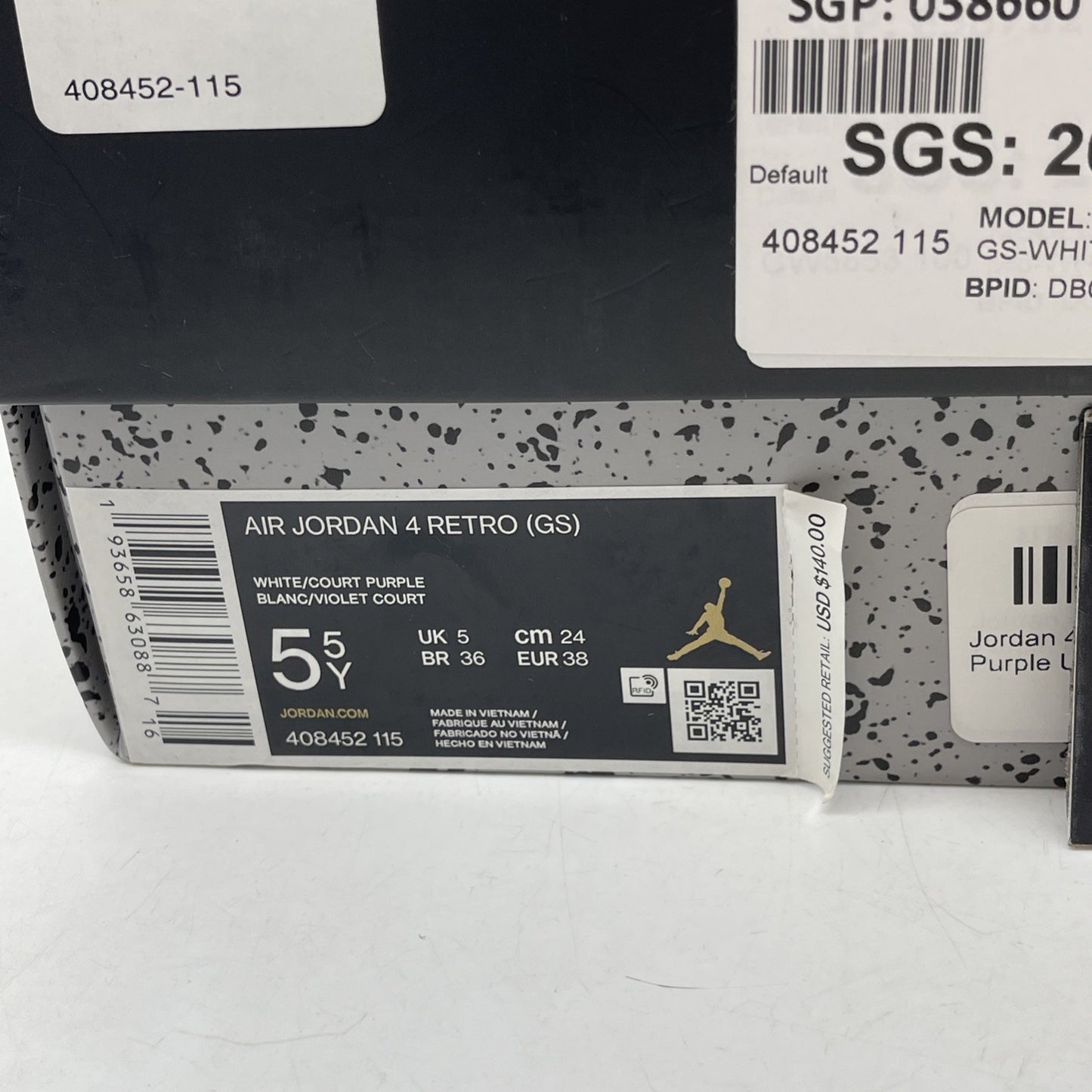 Size 5.5Y - Jordan 4 Retro Mid Purple Metallic White Leather (408452-115)