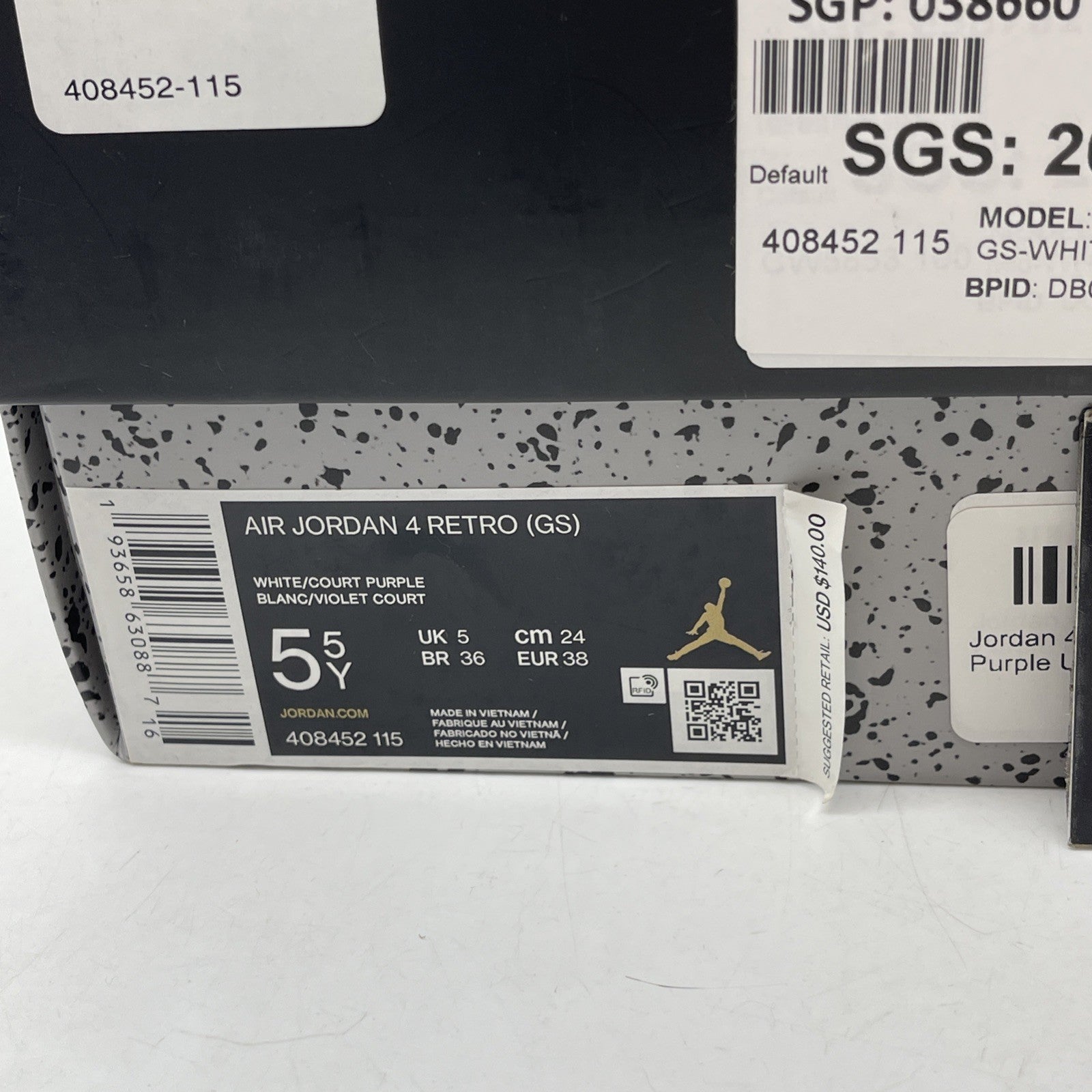 Size 5.5Y - Jordan 4 Retro Mid Purple Metallic White Leather (408452-115)