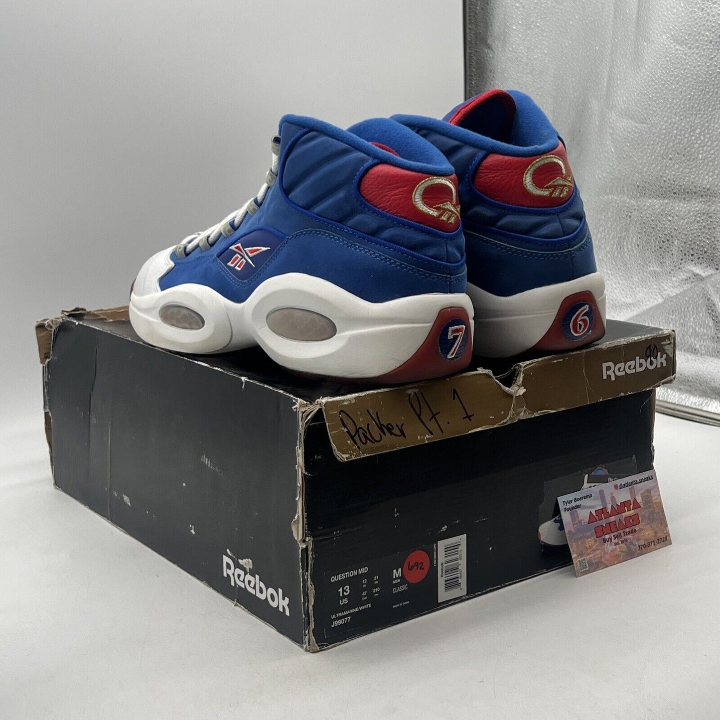 Size 13 - Reebok Question Mid Packer Shoes Blue White Red Leather (J99077)