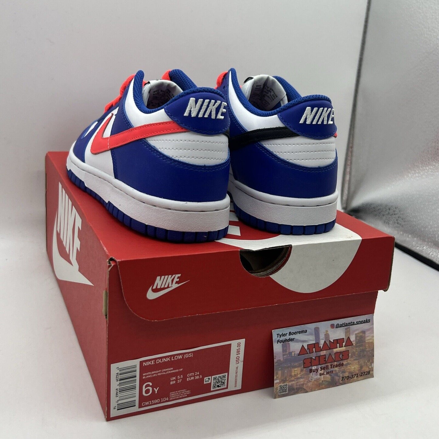 Nike Dunk Low Bright Crimson White Game Royal Blue Shoes Size 6y CW1590-104