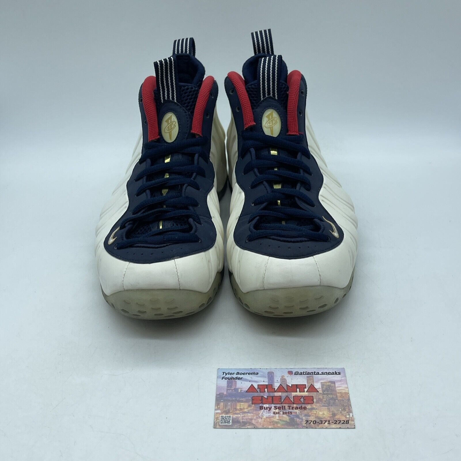 Size 10.5 - Nike Air Foamposite One PRM Olympic White Blue Leather (575420-400)