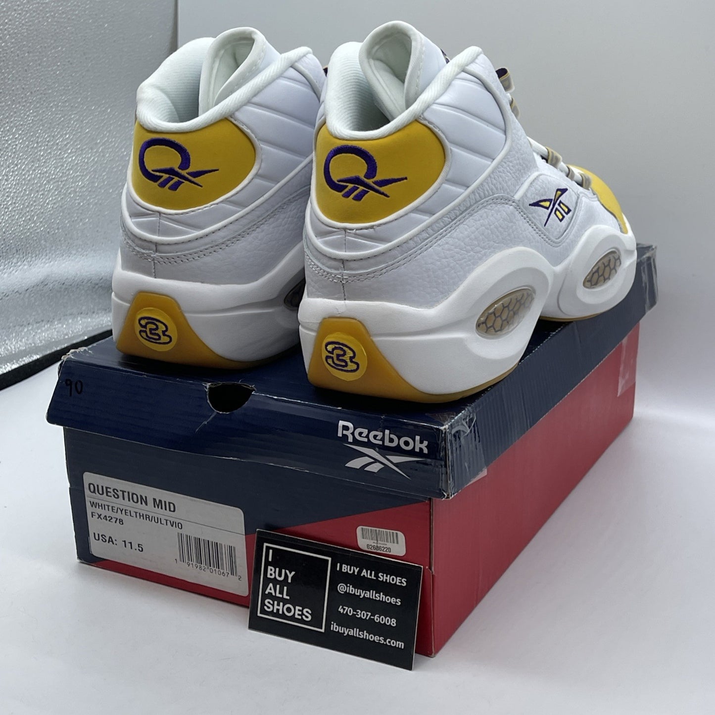 Size 11.5 - Reebok Question Mid Allen Iverson White Yellow Toe Lakers Kobe