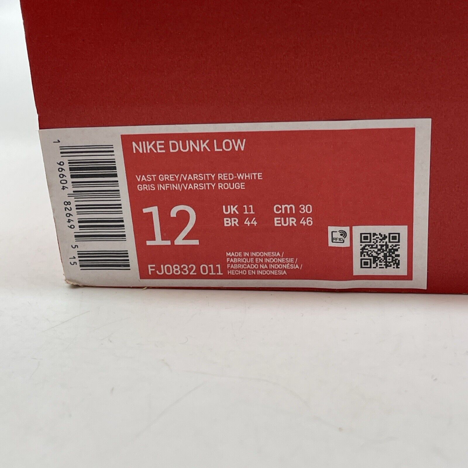 Size 12 - Dunk Low Vast Grey Varsity Red White Leather (FJ0832-011)