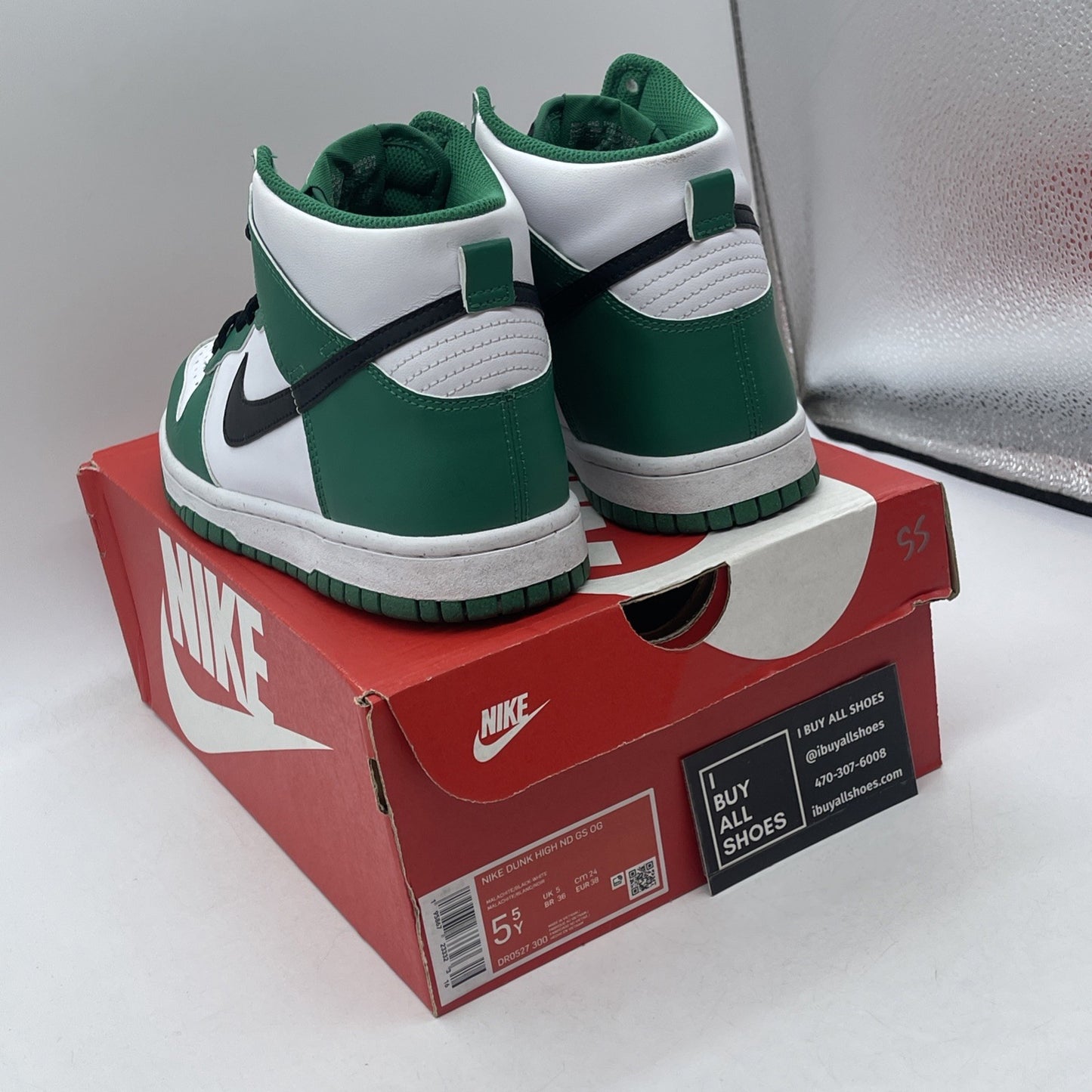 Size 5.5Y (GS) - Nike Dunk High Celtics Green Black White Leather (DR0527-300)
