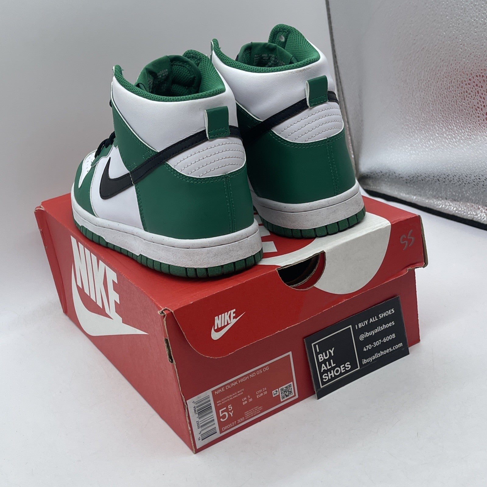 Size 5.5Y (GS) - Nike Dunk High Celtics Green Black White Leather (DR0527-300)