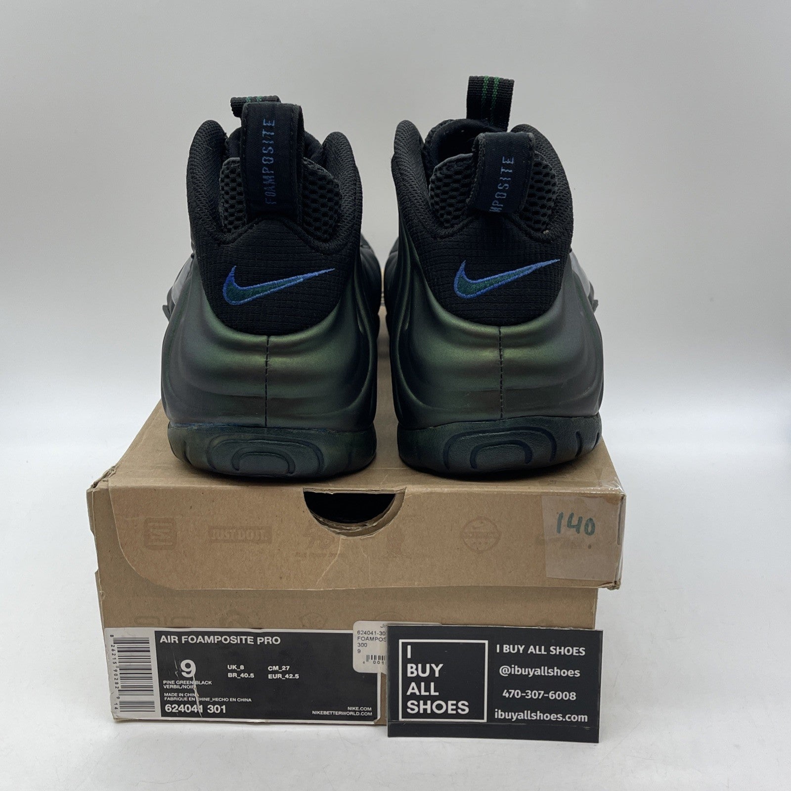 Size 9 - Nike Air Foamposite Pro Pine Green Black Suede Leather (624041-301)