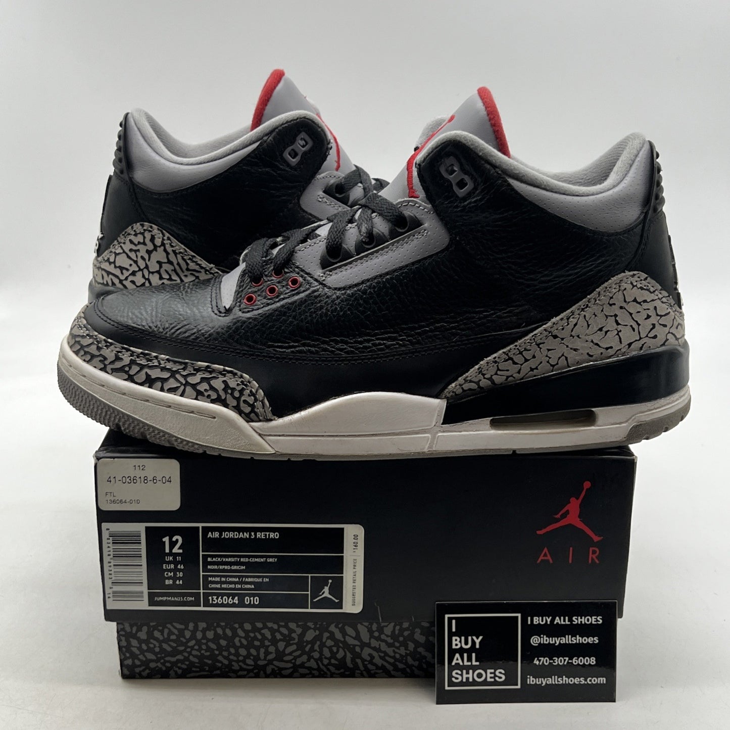 Size 12 - Air Jordan 3 Black Cement Retro release 2011 (136064-010)