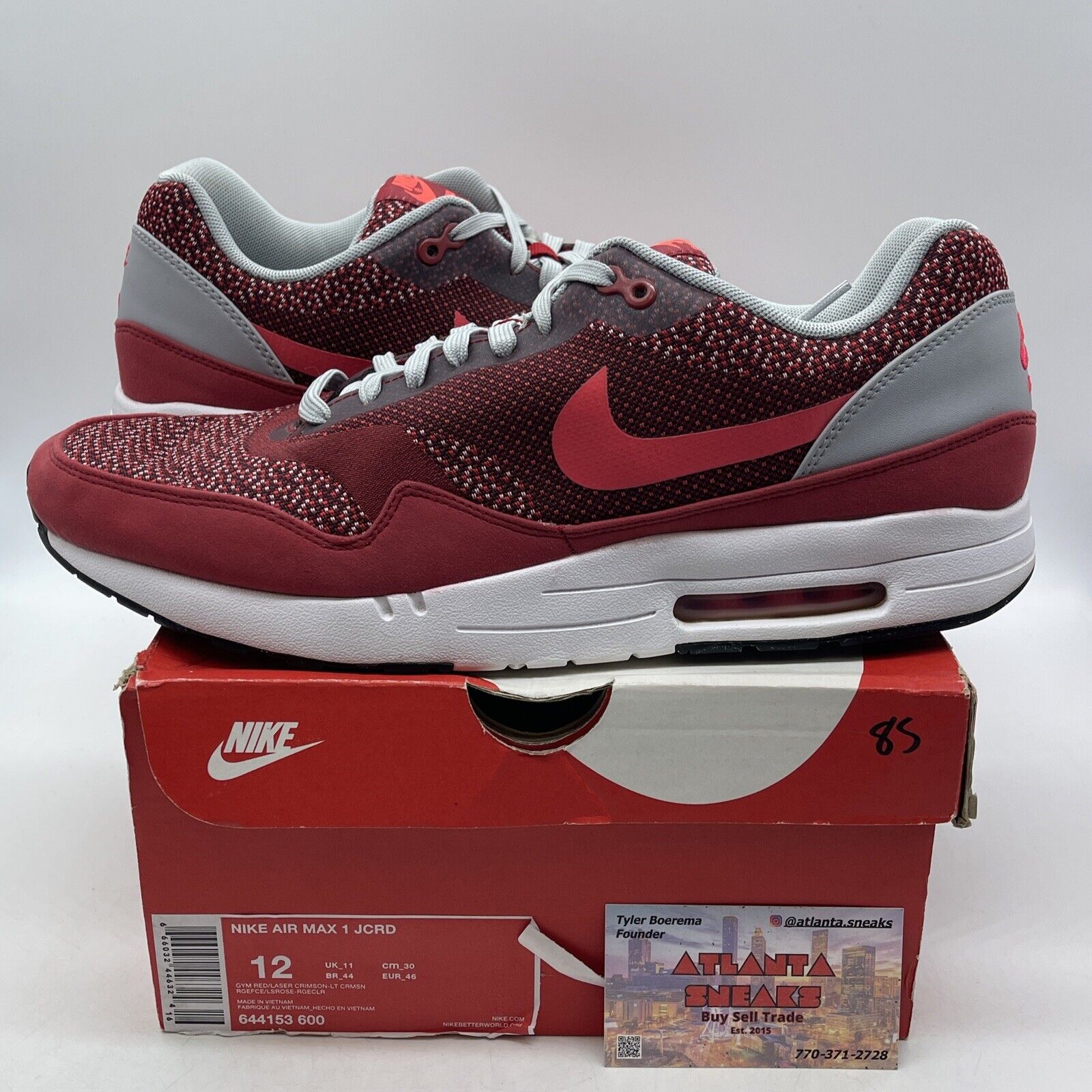 Size 12 - Nike Air Max 1 JCRD Gym Red White Grey Black Suede (644153-600)