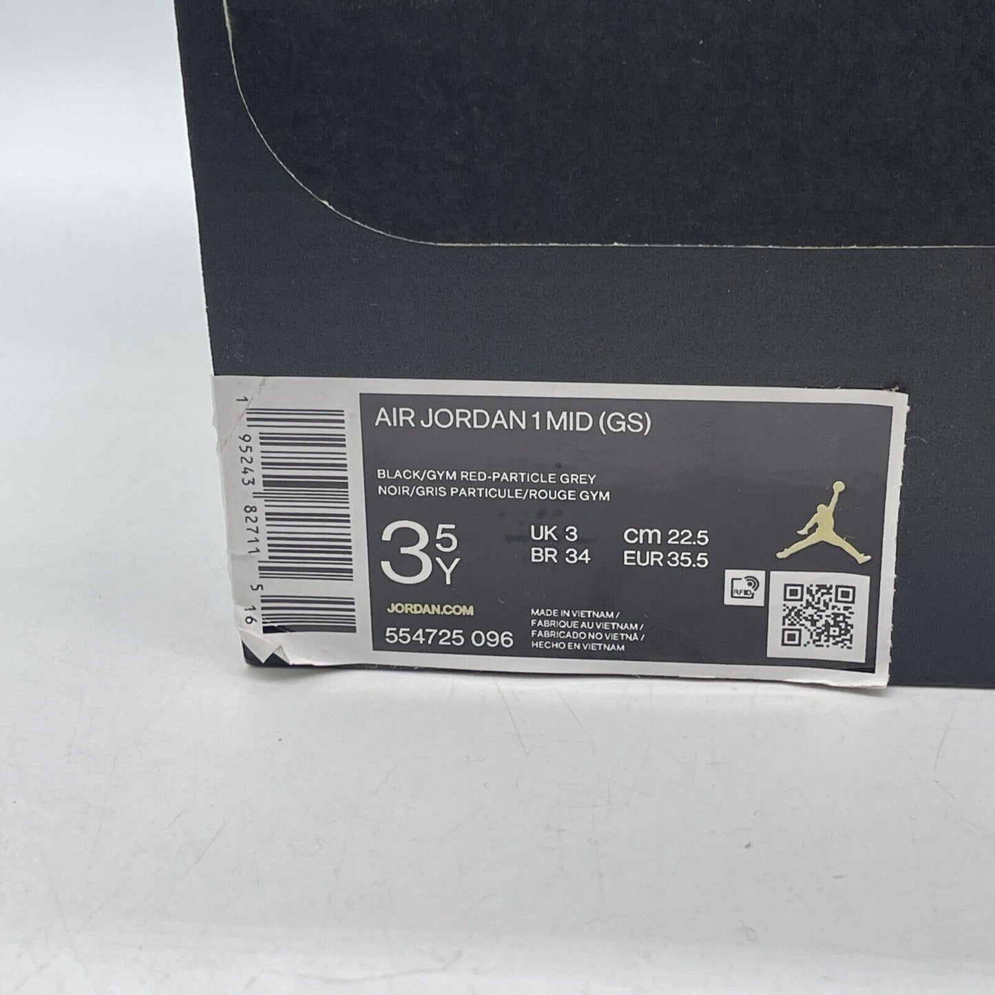 Size 3.5Y - Jordan 1 Mid Black Shadow Grey White Leather (554725-096)