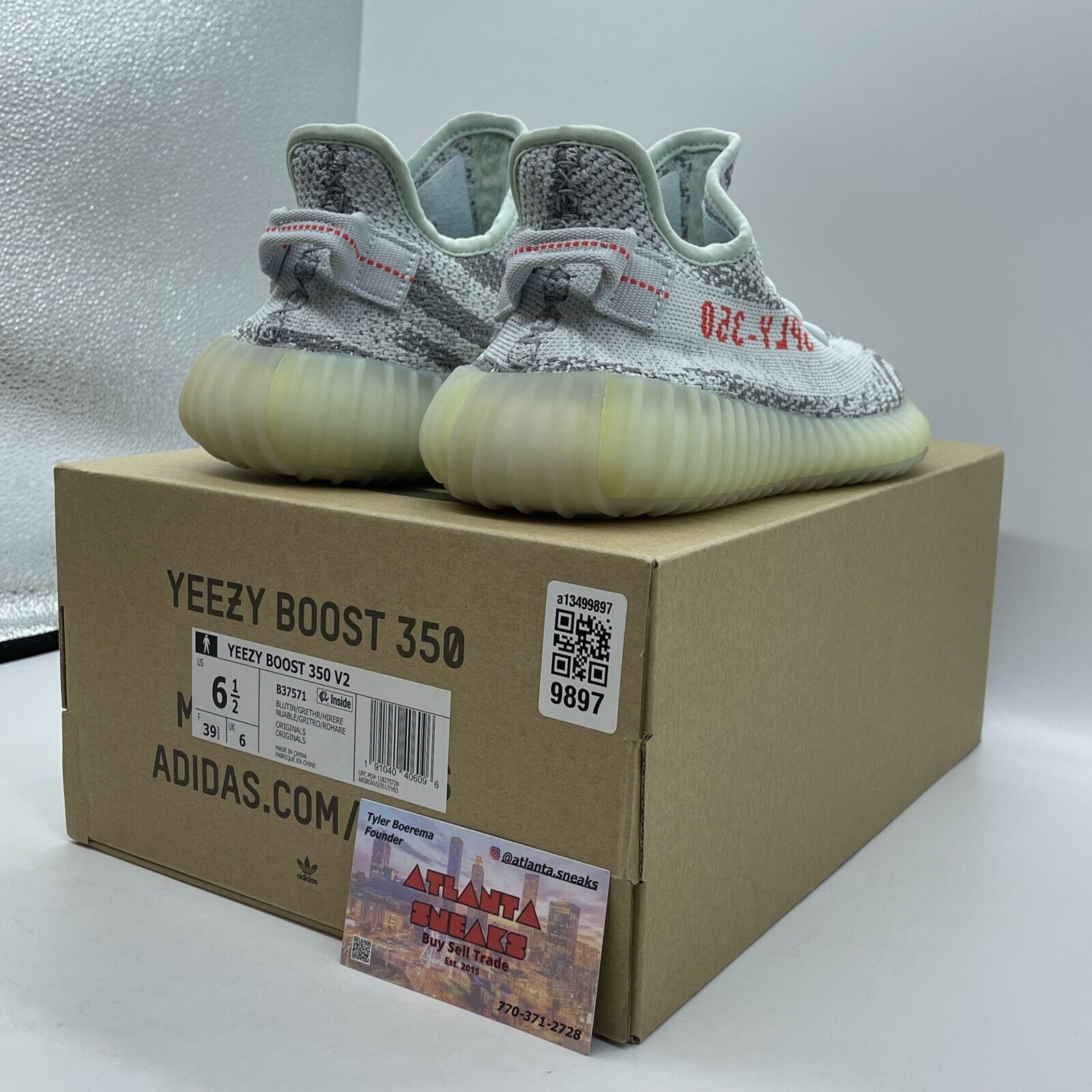 Size 6.5 - adidas Yeezy Boost 350 V2 Low Blue Tint Grey White Red (B37571)