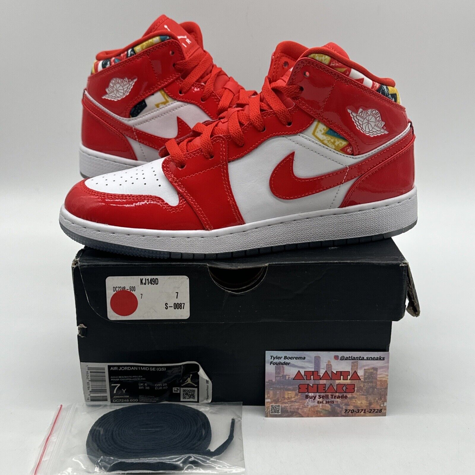 Jordan 1 Mid SE Barcelona Sweater Red Patent 2021 GS Size 7y DC7248 600 CLEAN