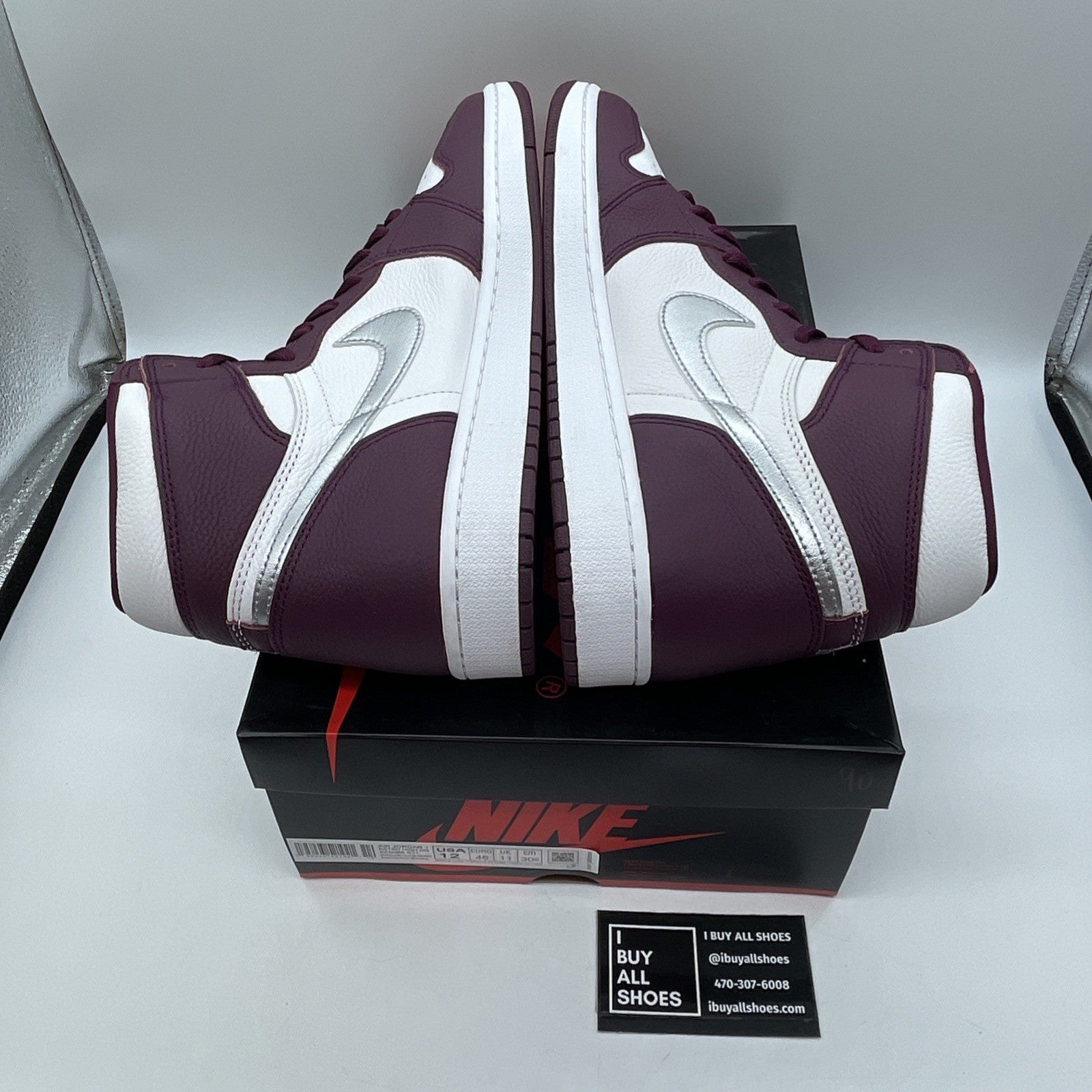 Size 12 - Jordan 1 Retro High OG Bordeaux Silver White Leather (555088-611)