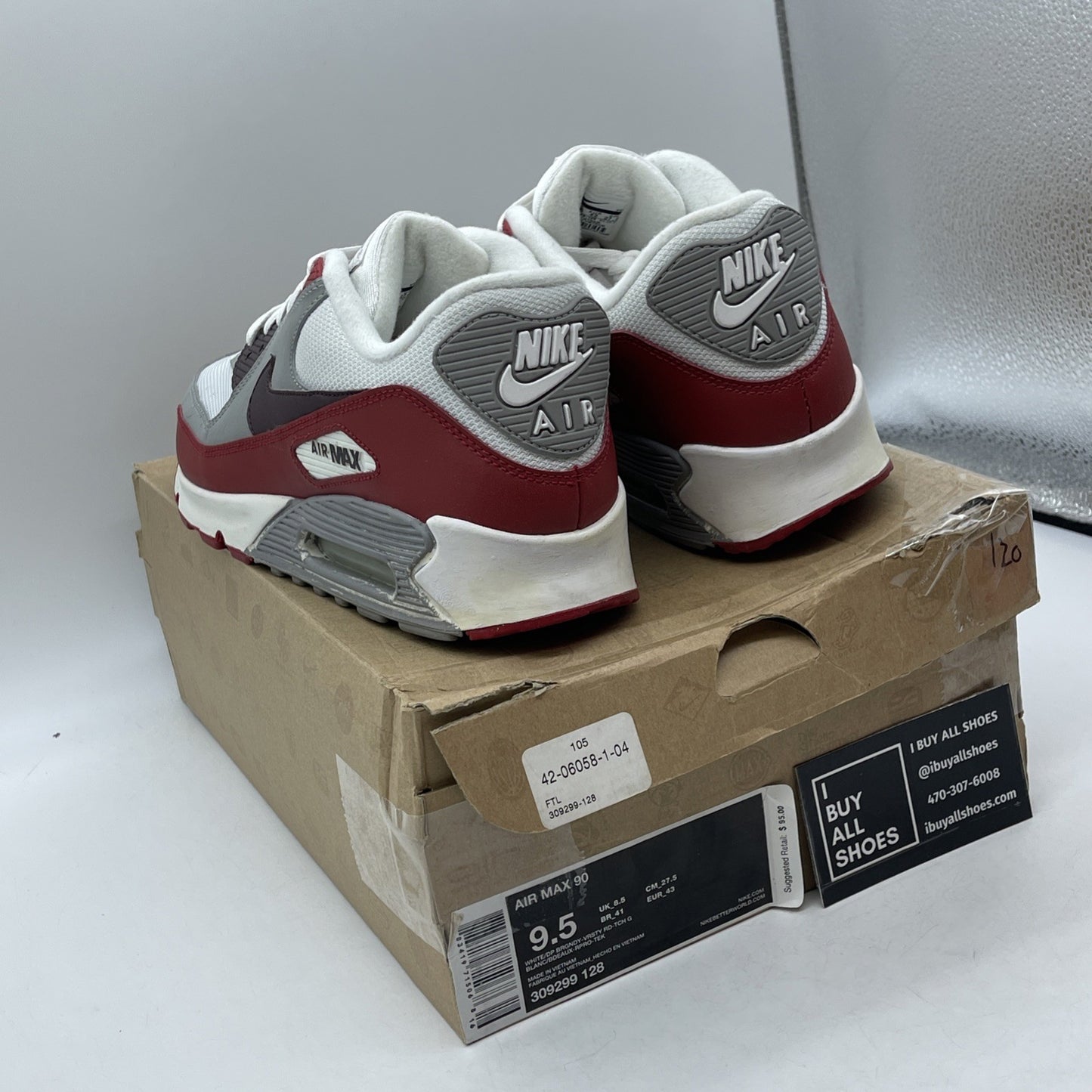Size 9.5 - Nike Air Max 90 White Grey Red Leather Suede (309299-128)