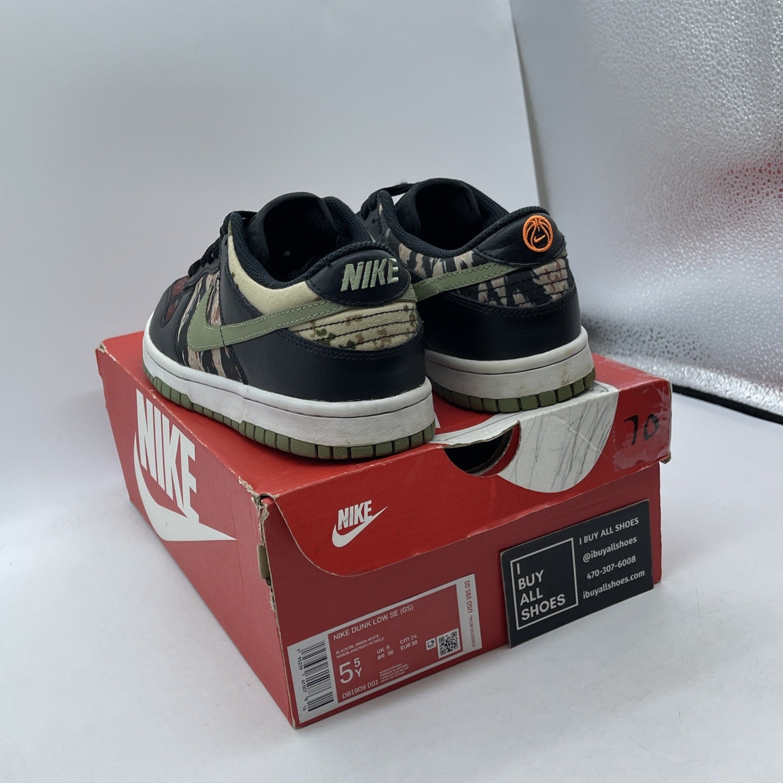 Size 5.5Y - Nike Dunk SE Low Black Multi-Camo Black Green Suede (DB1909-001)