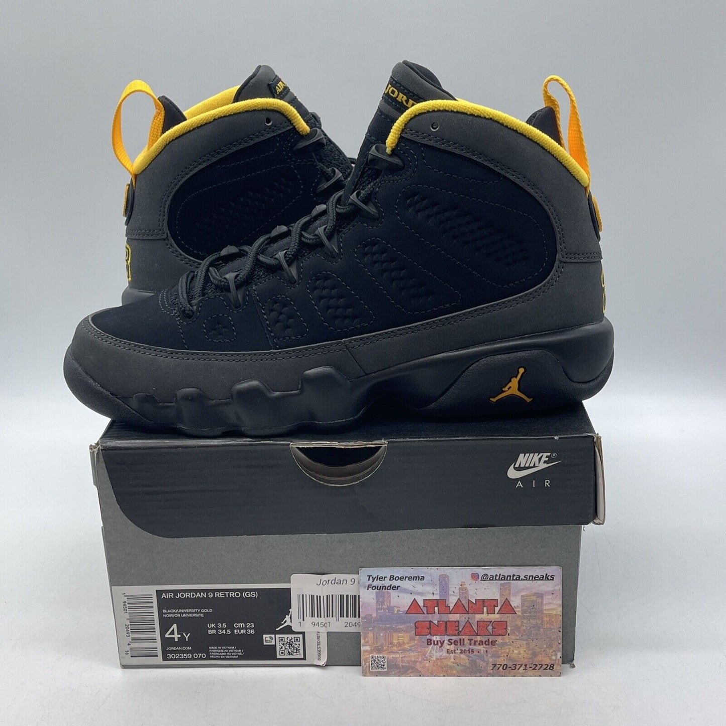 Size 4Y(GS) - Jordan 9 Retro Mid Dark Charcoal University Gold (302359-070)