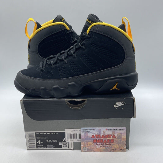 Size 4Y(GS) - Jordan 9 Retro Mid Dark Charcoal University Gold (302359-070)