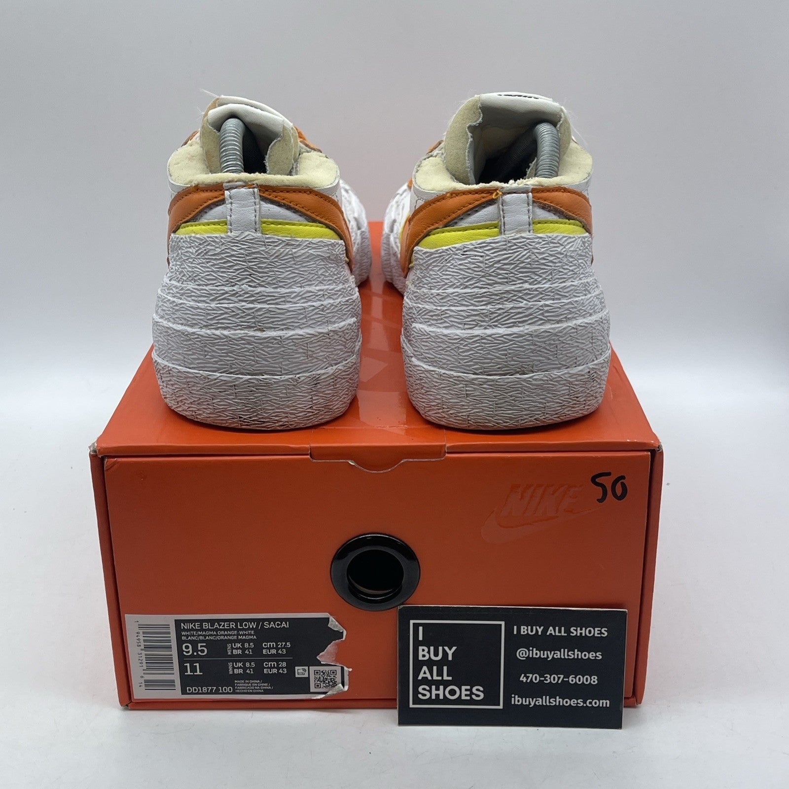 Size 9.5 - Nike sacai x Blazer Low Magma Orange White Leather (DD1877-100)