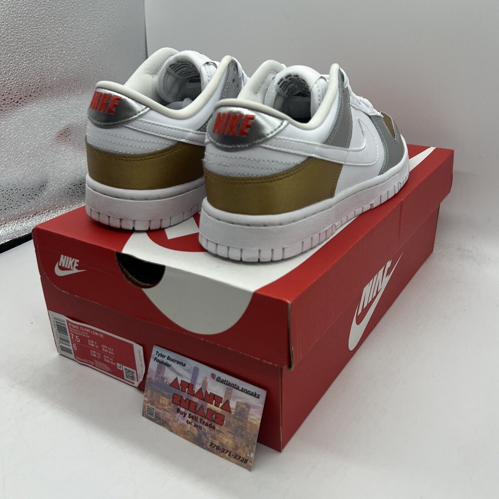 Nike Dunk Low Size 7.5 Womens Metallic Gold Silver White Sneakers Brand New