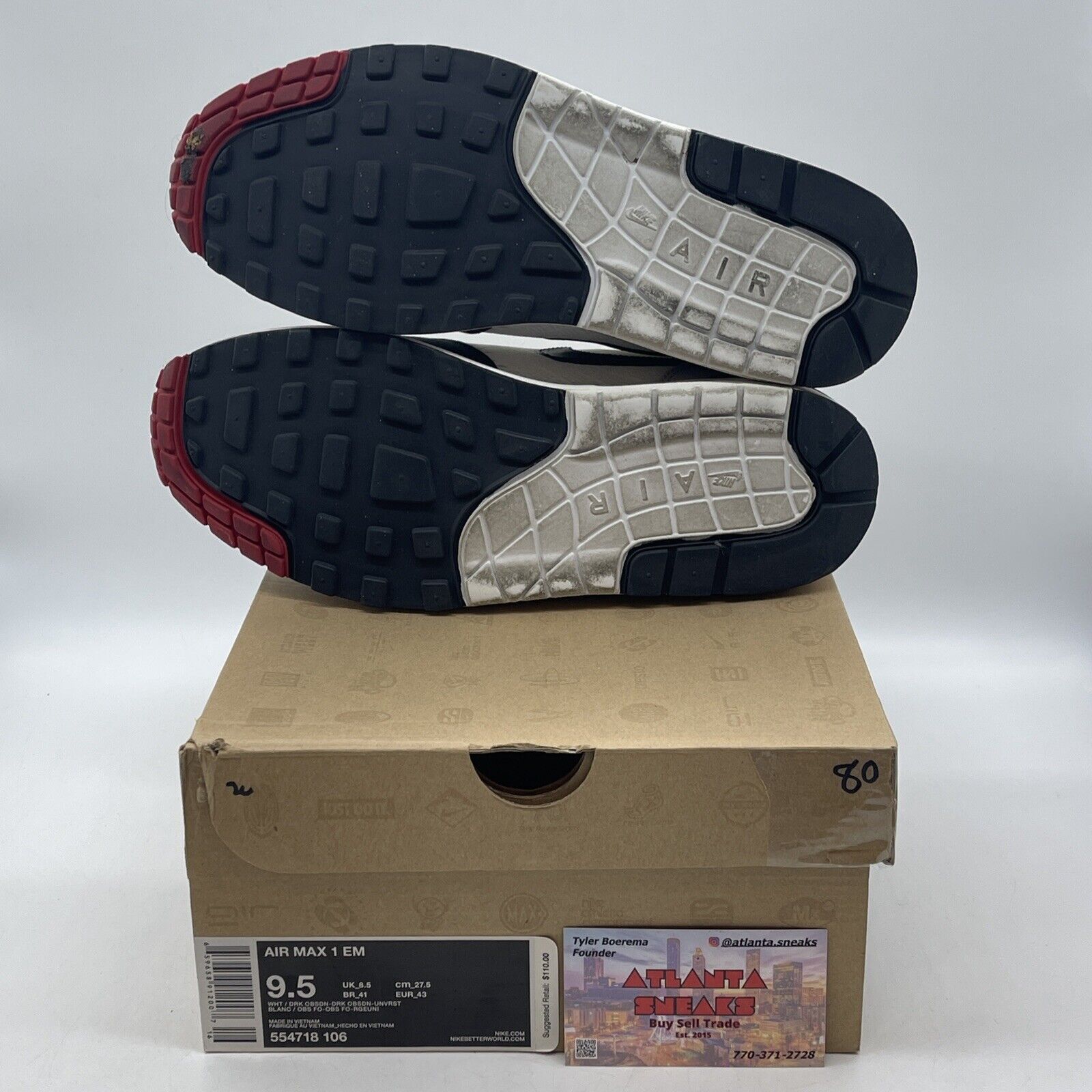 Size 9.5 - Nike Air Max 1 EM 'Dark Obsidian White Blue Grey Suede (554718-106)