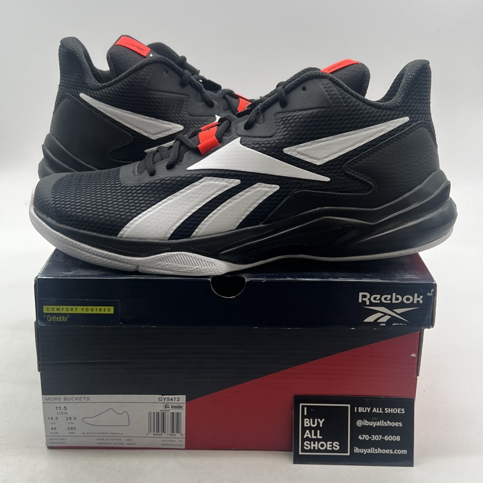 Size 11.5 - Reebok More Buckets Black White Orange Flare (GY5473)