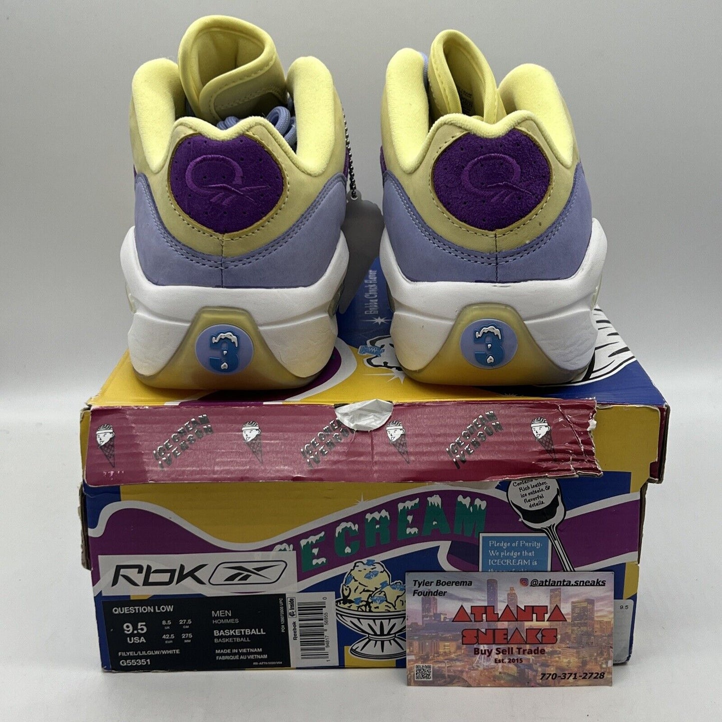 Size 9.5 - Reebok Question Low x BBC Ice Cream Yellow Lilac Glow 2020 - G55351