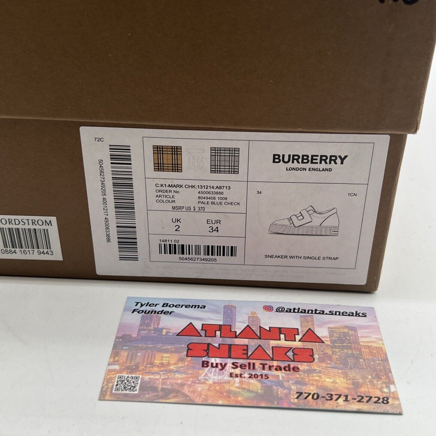 Size 3/34 - Burberry Kids' Mark Check Sneaker, Pale Blue Check (A8713)