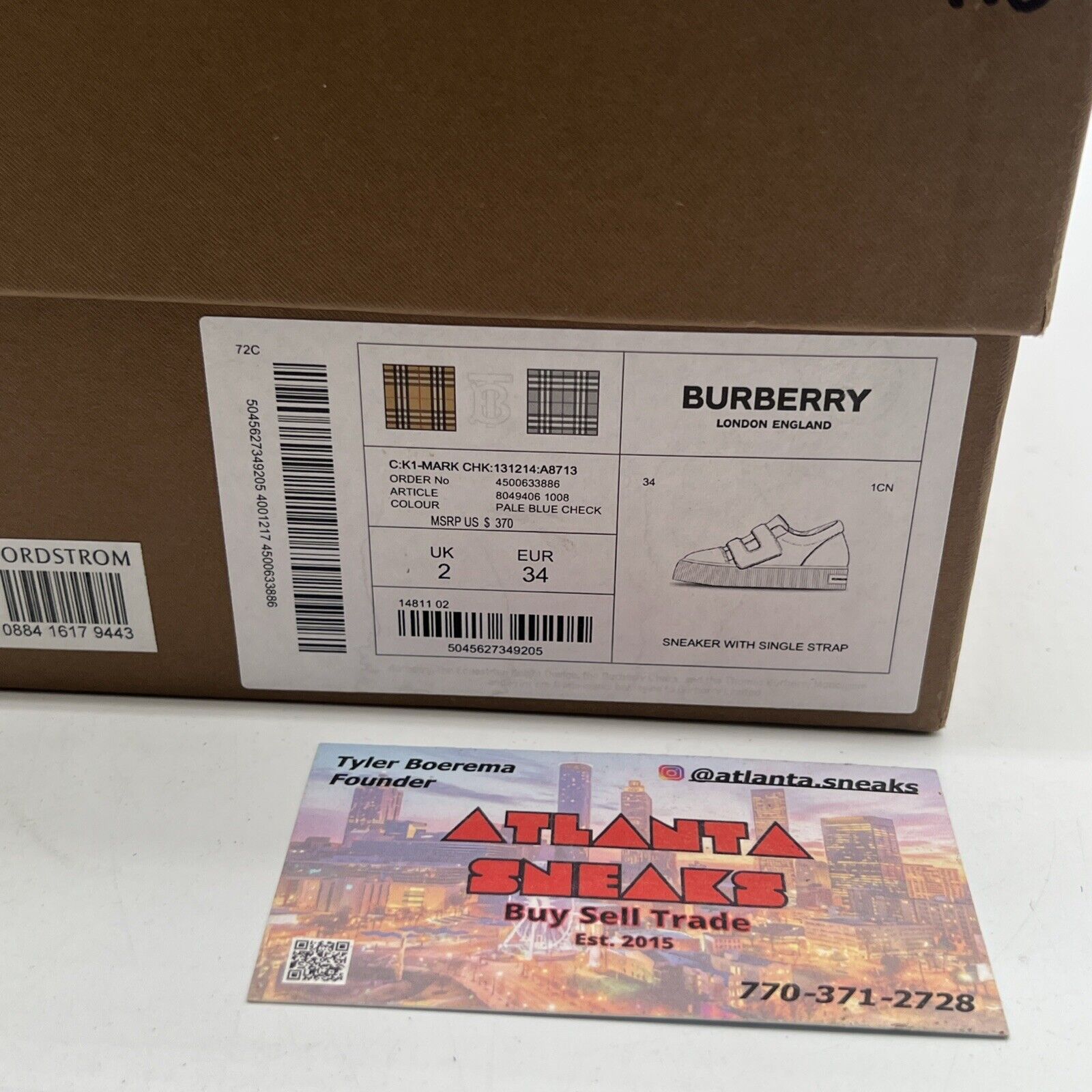 Size 3/34 - Burberry Kids' Mark Check Sneaker, Pale Blue Check (A8713)