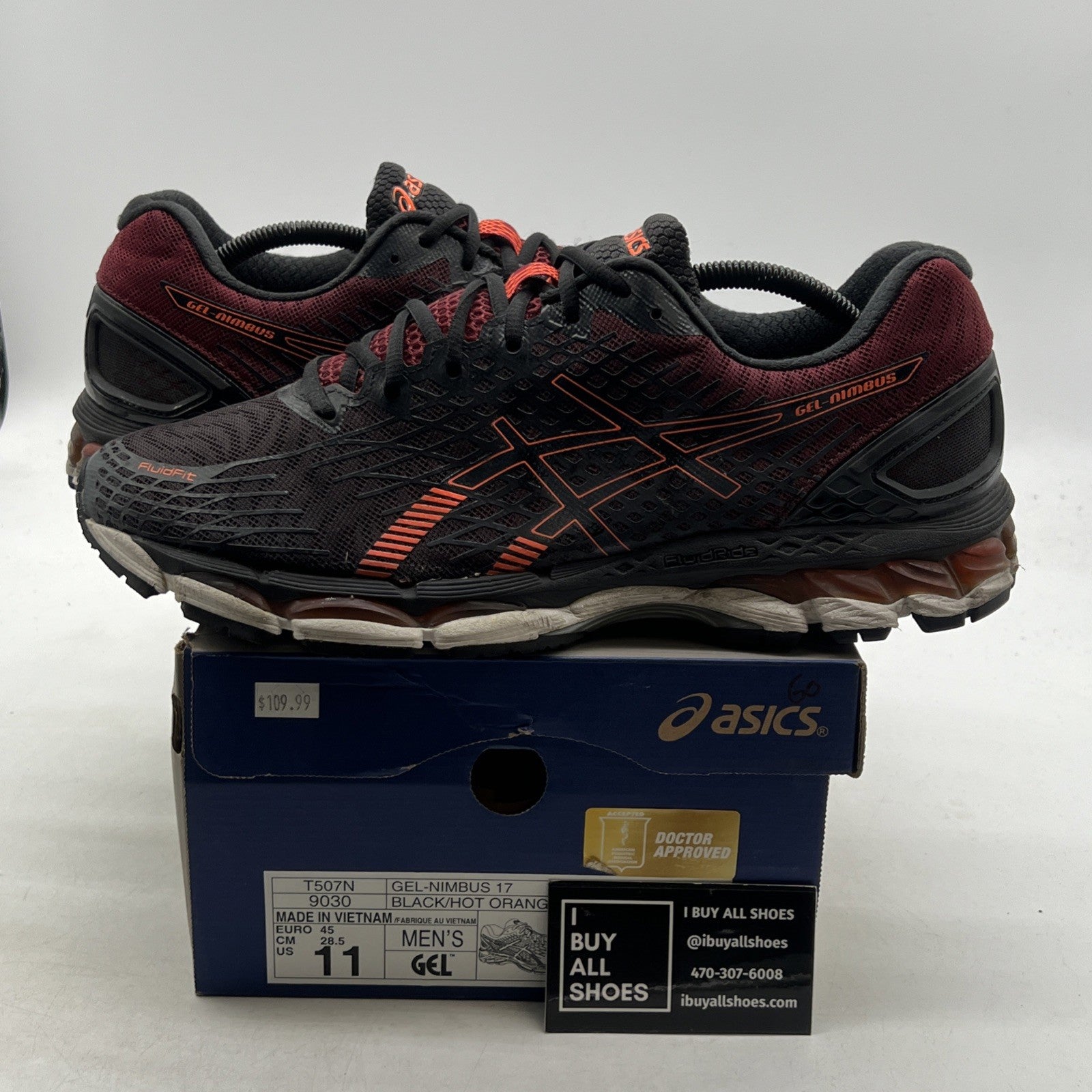 Size 11 - ASICS Gel-Nimbus 17 Black Red Running Shoes (T507N-9030)