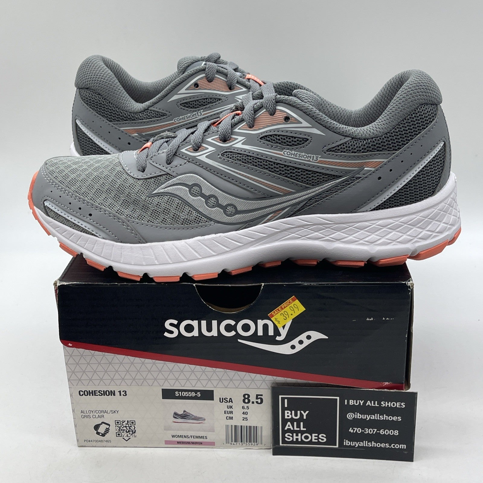 Size 8.5W - Saucony Cohesion 13 Coral Sky Grey Suede Leather (S10559-5)