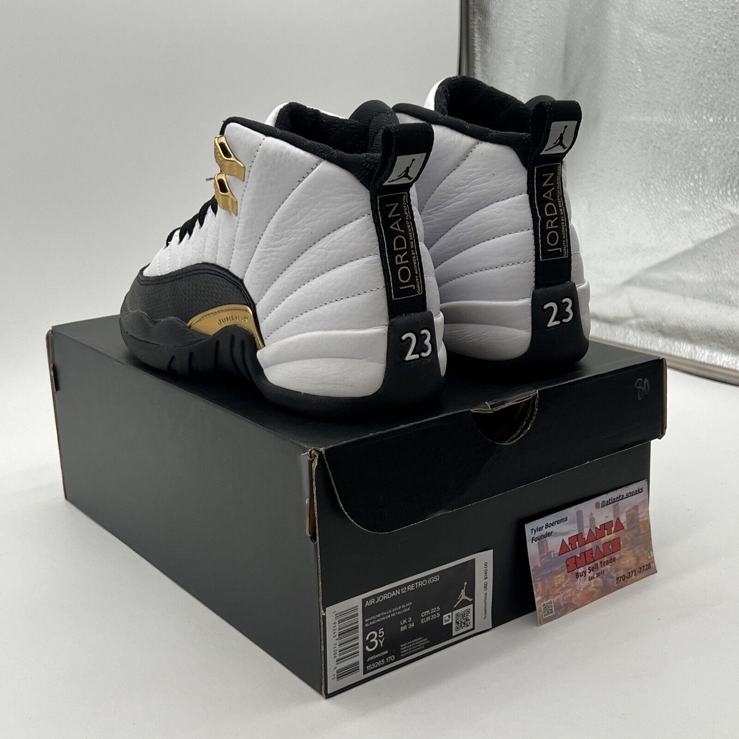Size 3.5Y - Jordan 12 Royalty Black White Gold Leather (153265-170)