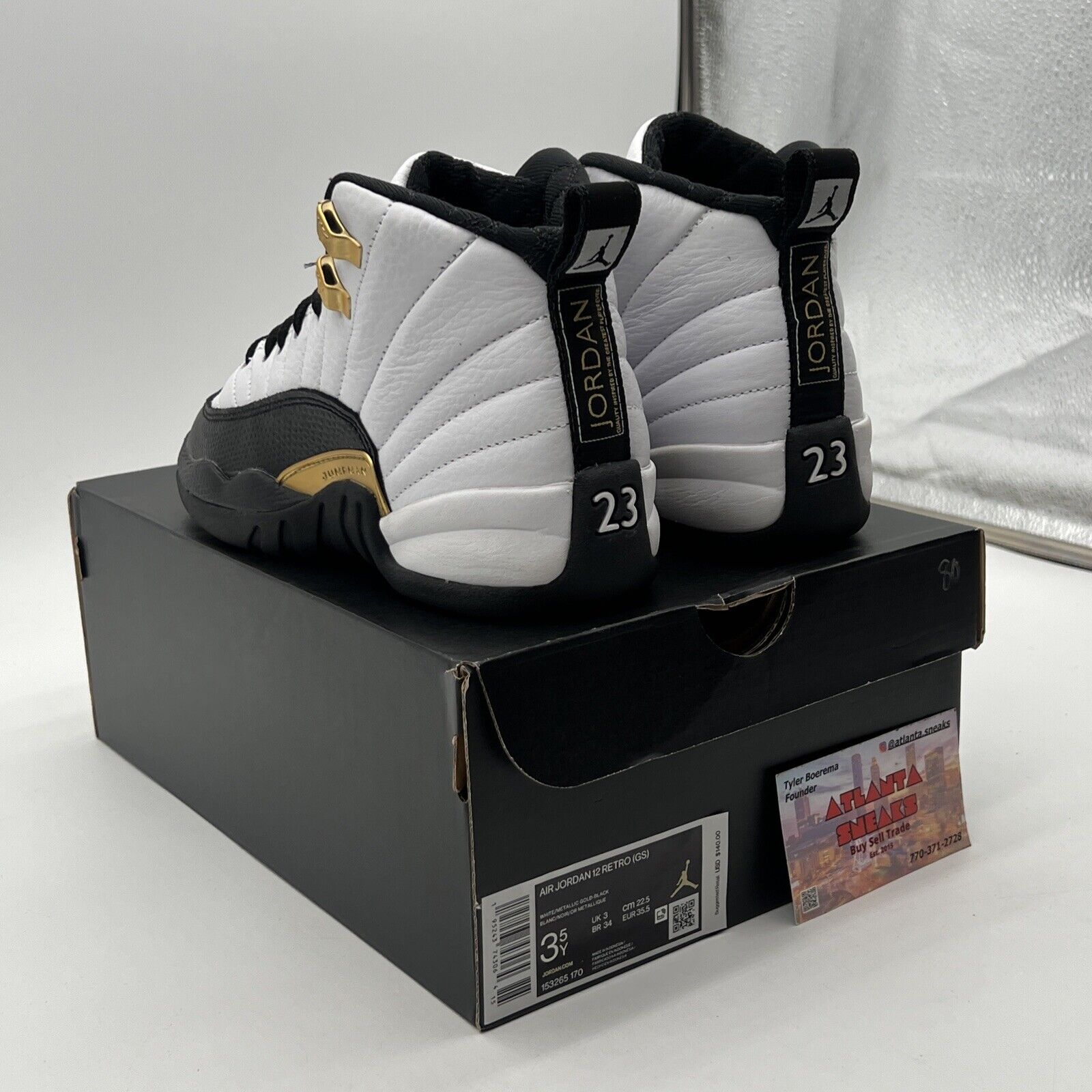 Size 3.5Y - Jordan 12 Royalty Black White Gold Leather (153265-170)