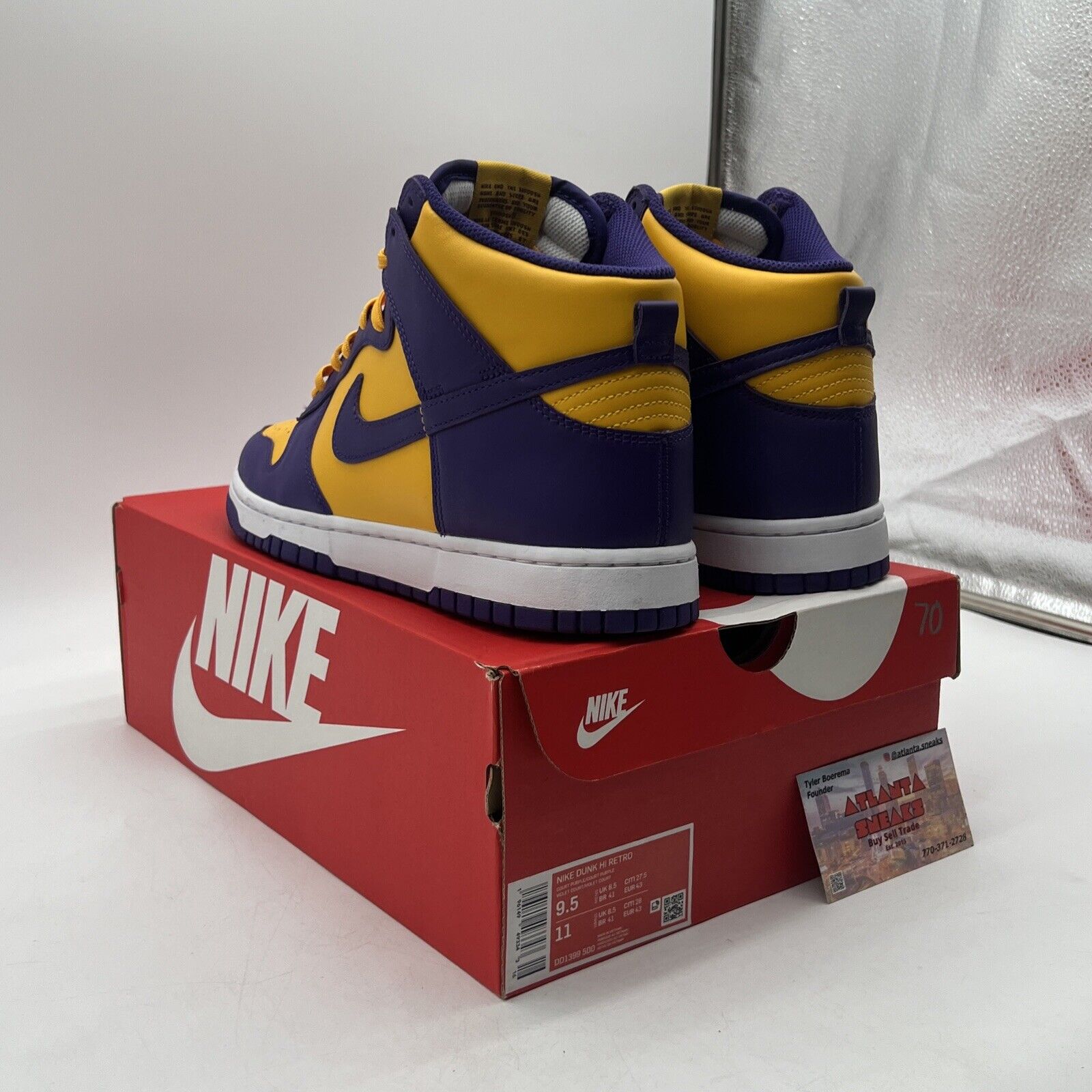 Size 9.5 - Nike Dunk High Lakers Yellow Purple White Leather (DD1399-500)