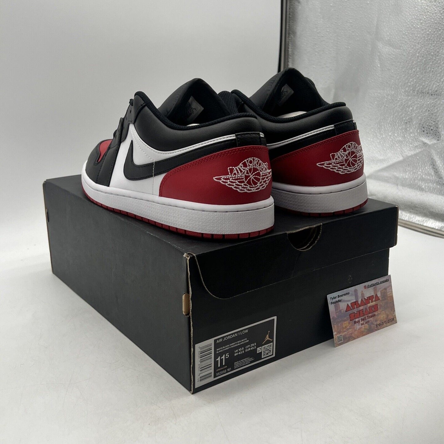 Size 11.5 - Air Jordan 1 Low Bred Toe 2.0 Black White Red Leather (553558-161)