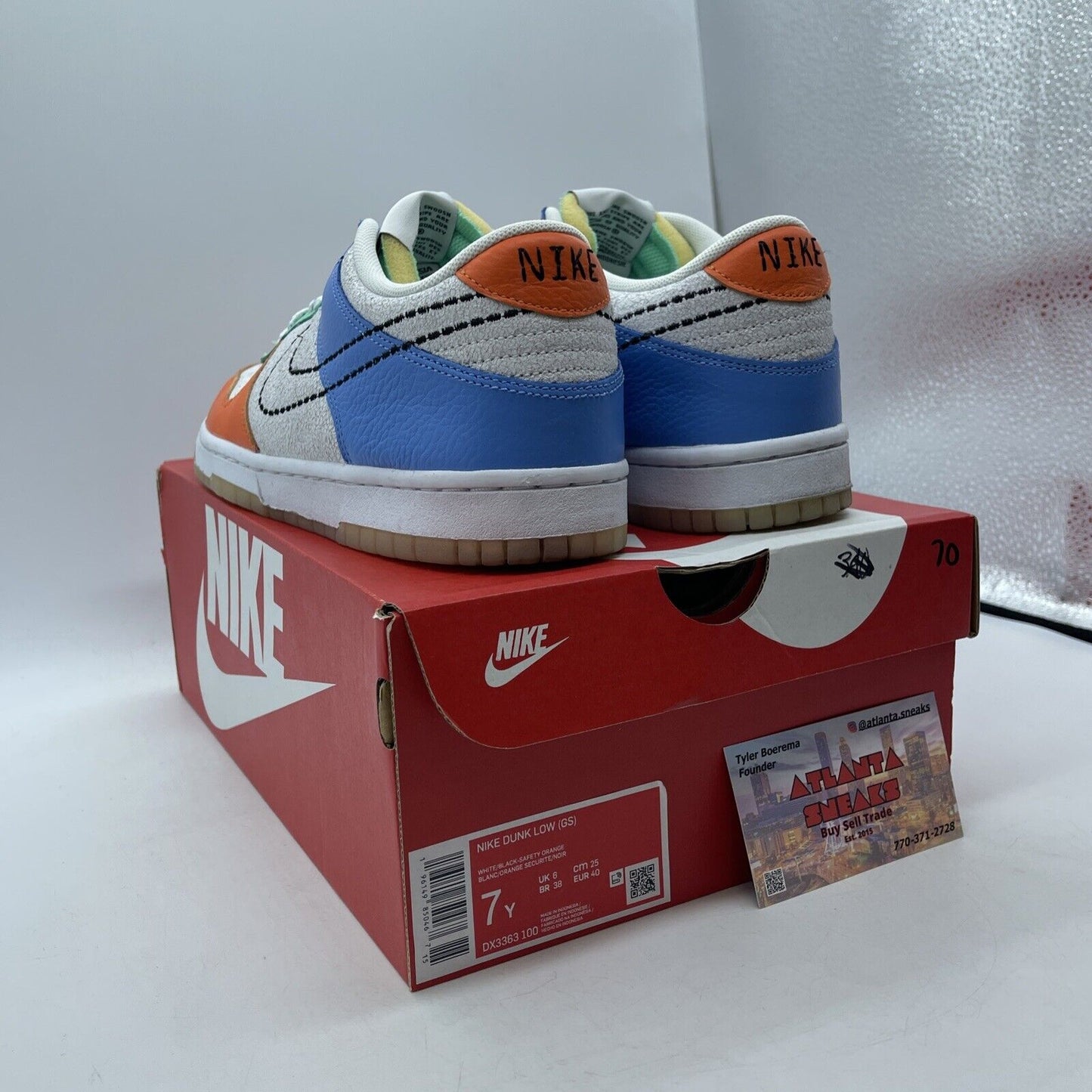 Size 7Y (GS) - Nike Dunk Low Nike 101 Orange White Blue Grey Suede (DX3363-100)