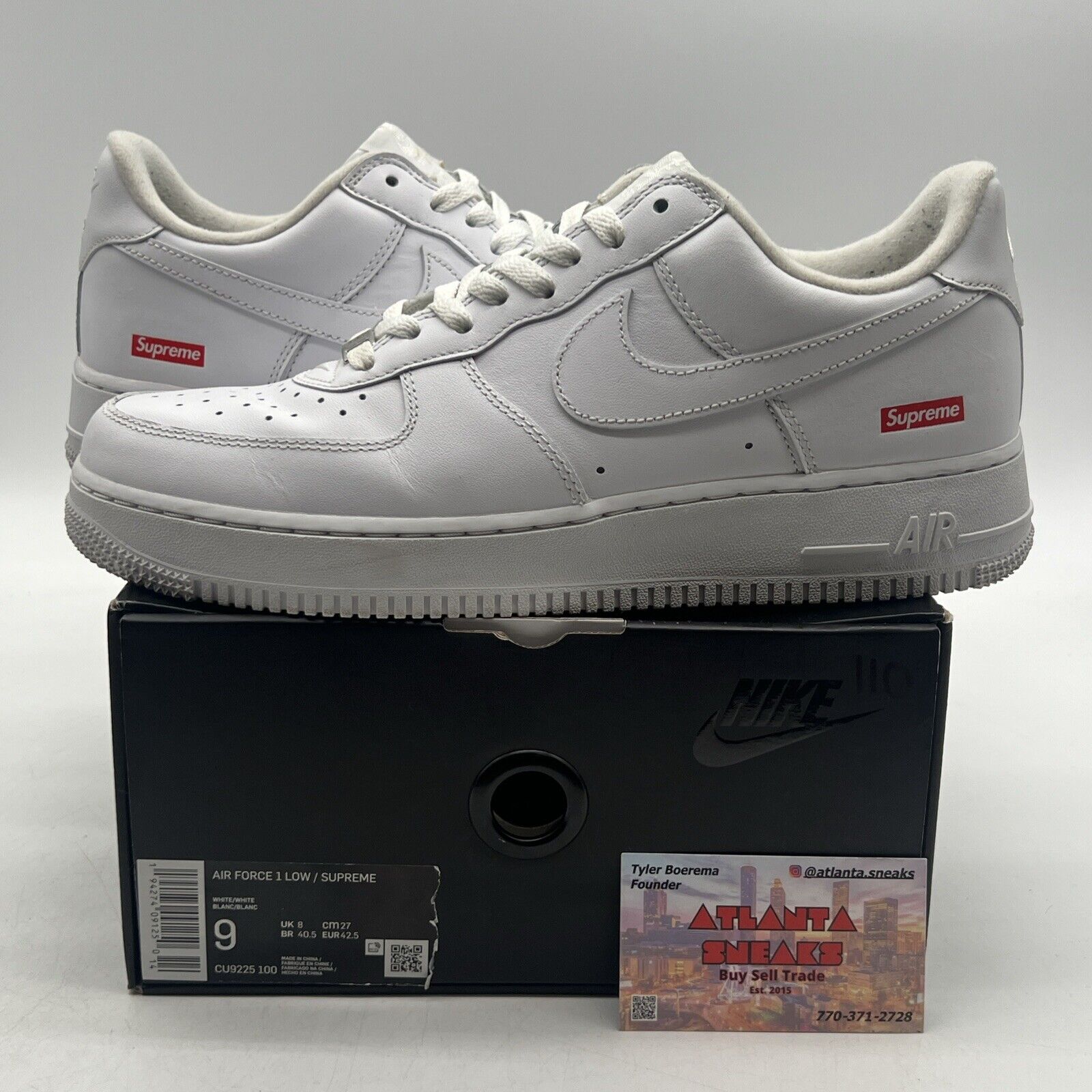 Size 9 - Nike Air Force 1 x Supreme Low Box Logo - White Red Leather CU9225-100